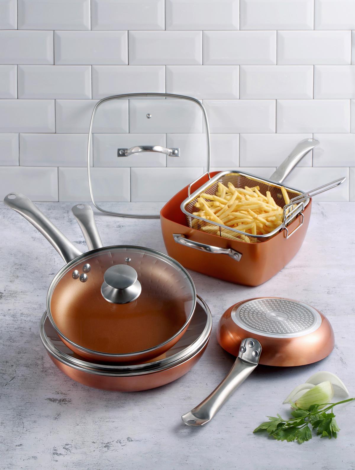 Pfanne Optimum Copper D/h: 24/ 9,5cm Edelstahl + Dampfablass - Transparent/Kupferfarben, Basics, Glas/Metall (24/24/9.5cm)