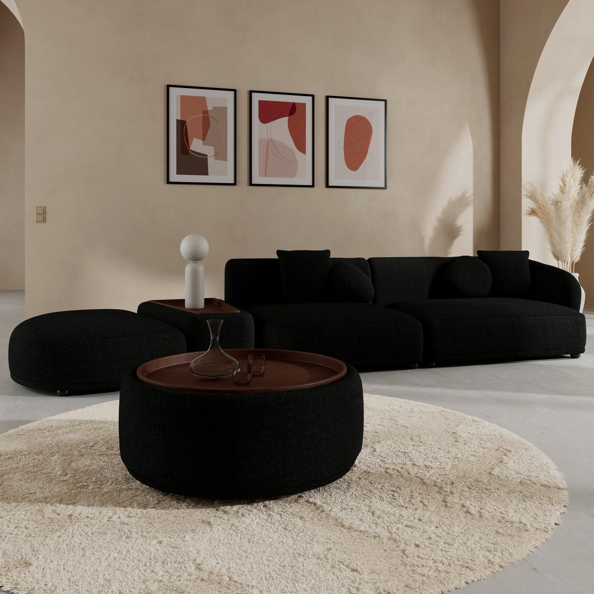 Rohová sedačka KIRA, černá žinylka, se stolíkem - černá, Moderní, dřevo/textil (410/71/108cm) - Bessagi Home