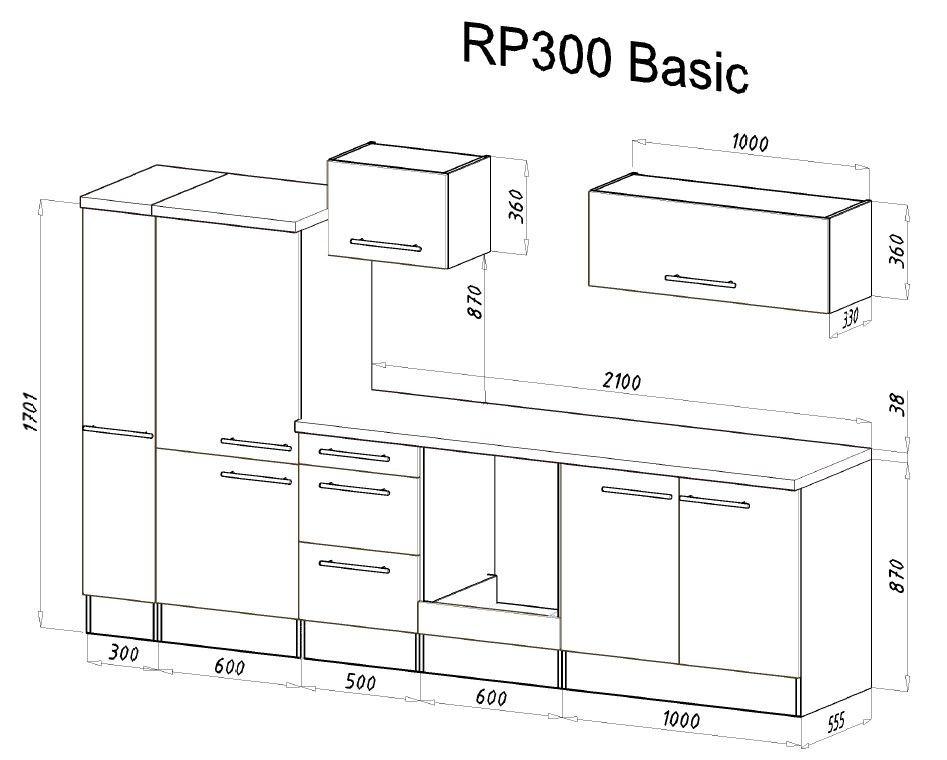 Küchenzeile Mit Geräten 300 Cm Schwarz Hochglanz/weiß - Schwarz/Weiß, KONVENTIONELL, Holzwerkstoff (300cm) - Respekta
