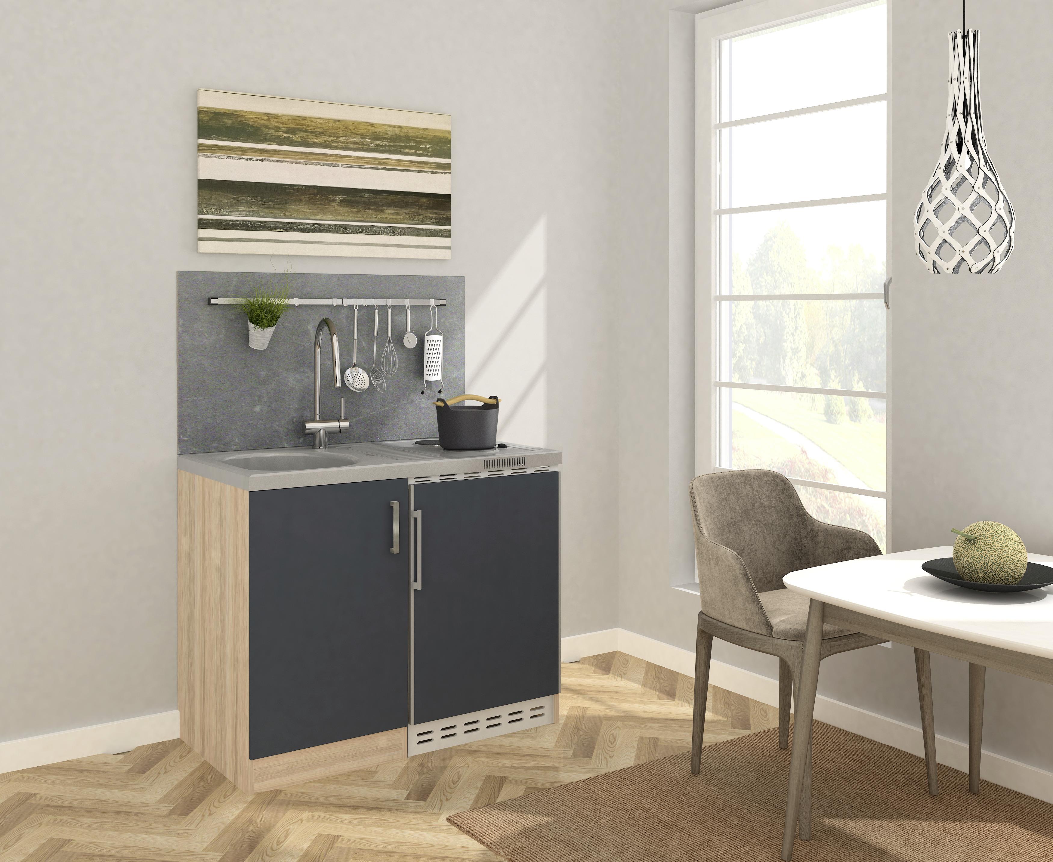 Respekta Miniküche mit Kühlschrank + Kochfeld 100 cm Grau/Eiche