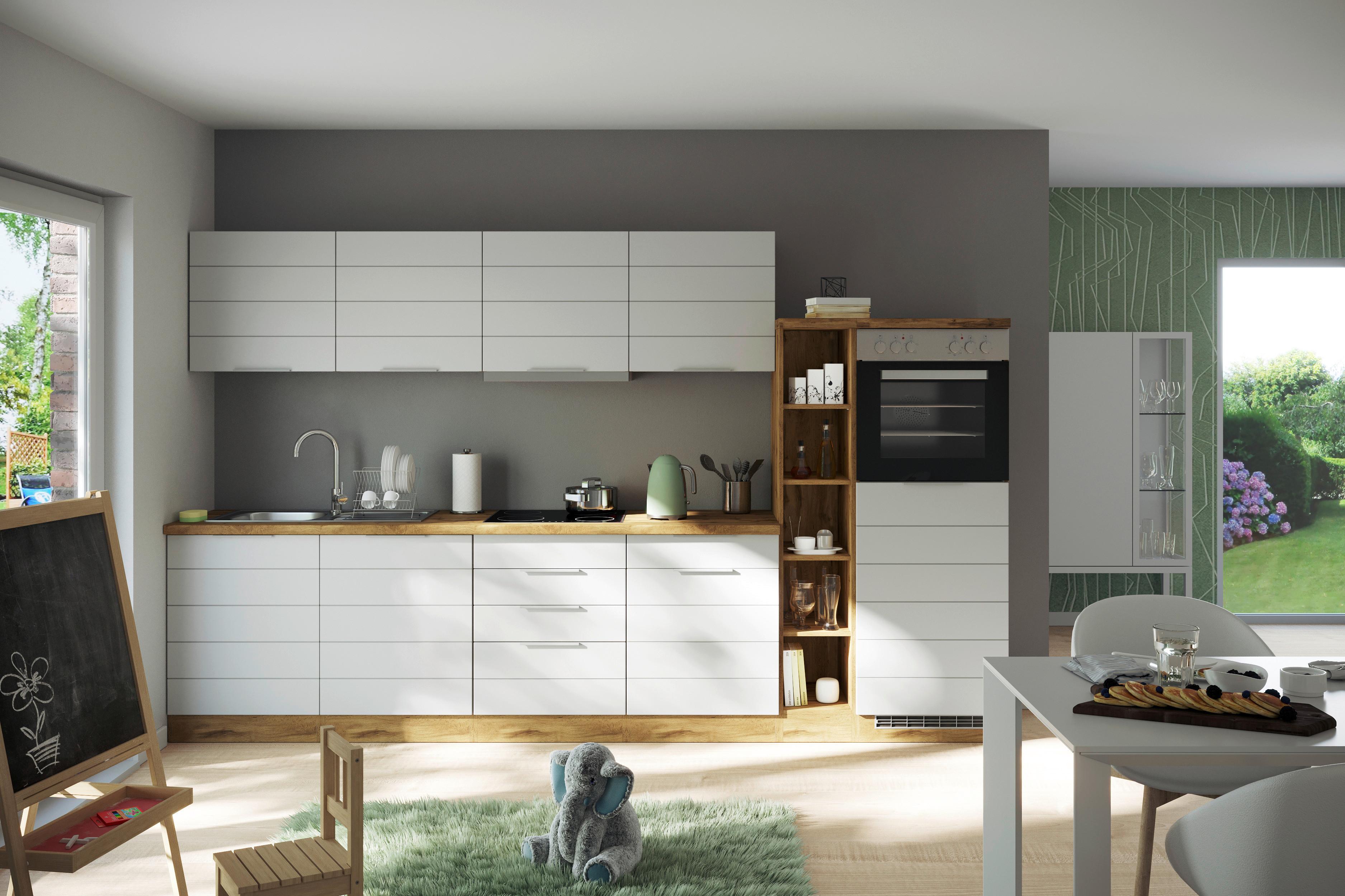 Küchenzeile Florenz mit Geräten 330 cm Weiß/Eichefarben - Eiche Wotan/Weiß, Design, Holzwerkstoff (330cm) - Held