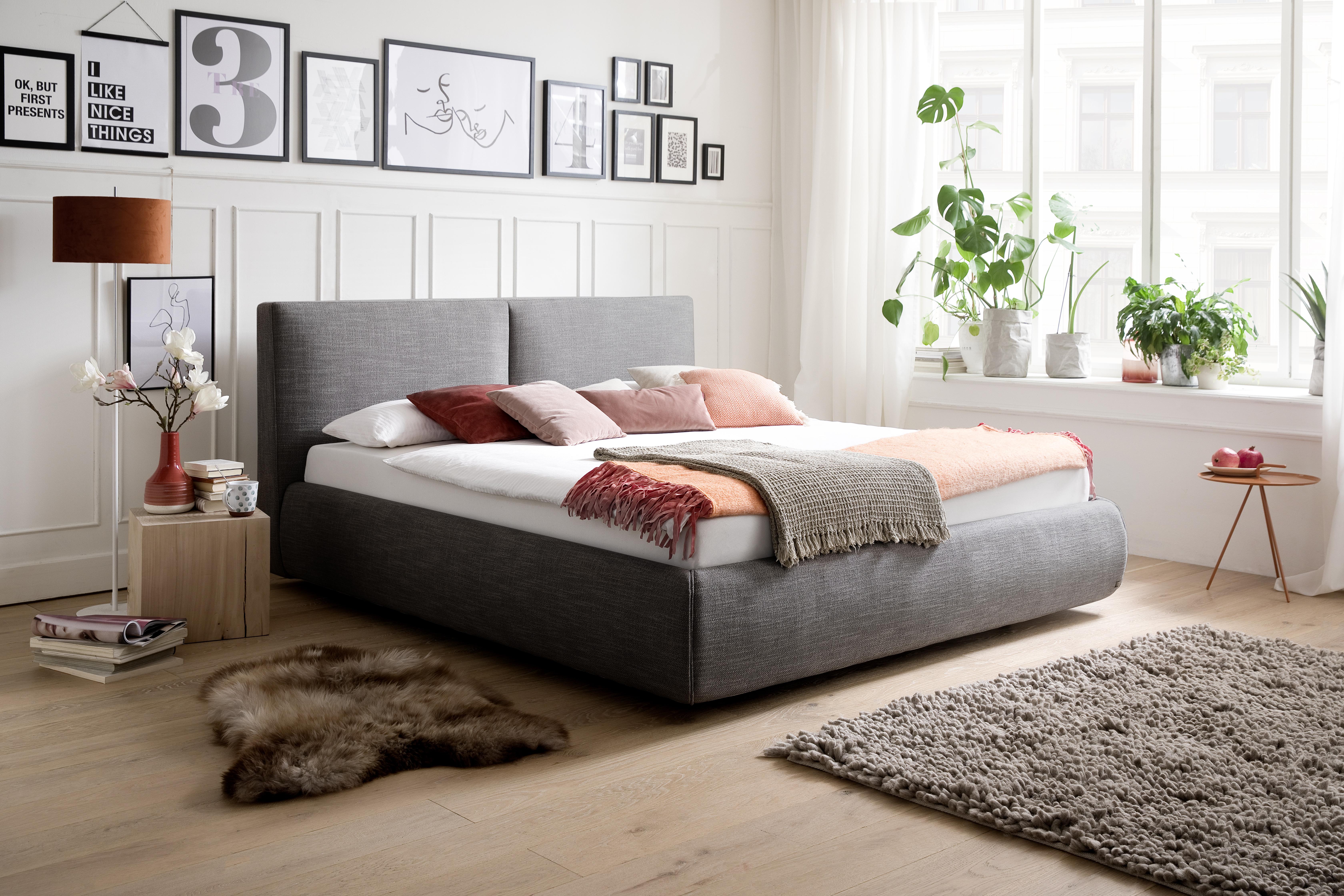 Polsterbett mit Lattenrost + Bettkasten 180x200 Atesio - Anthrazit/Naturfarben, MODERN, Holz/Textil (180/200cm) - Livetastic