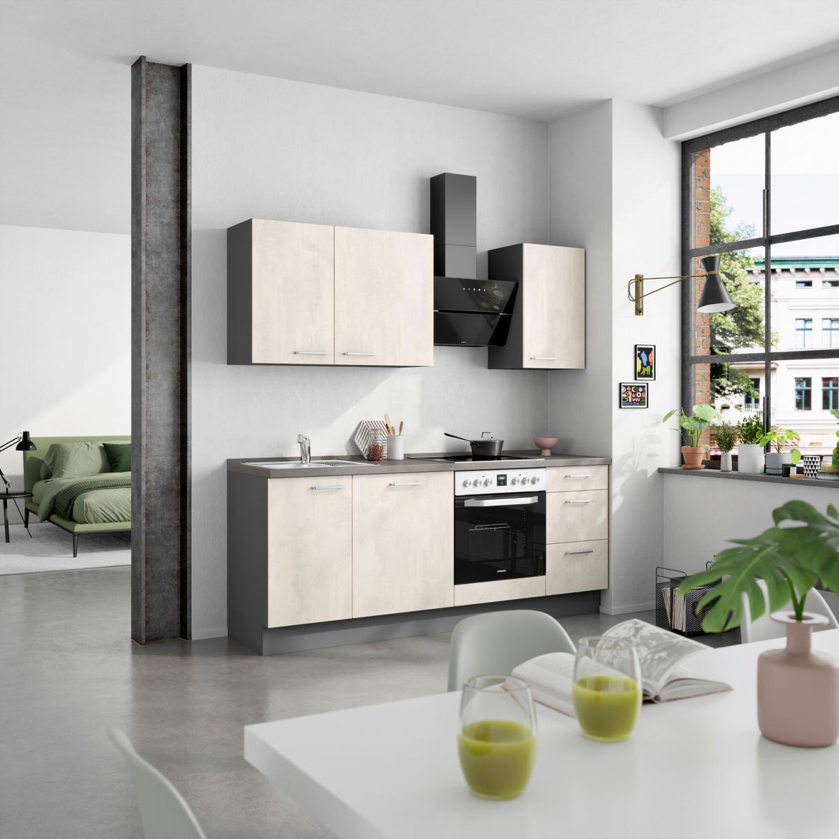 Kuchynská linka 210CM biely betón/ bridlicová šedá - biela/farba ušľachtilej ocele, Modern, kov/kompozitné drevo (210cm) - Nobilia