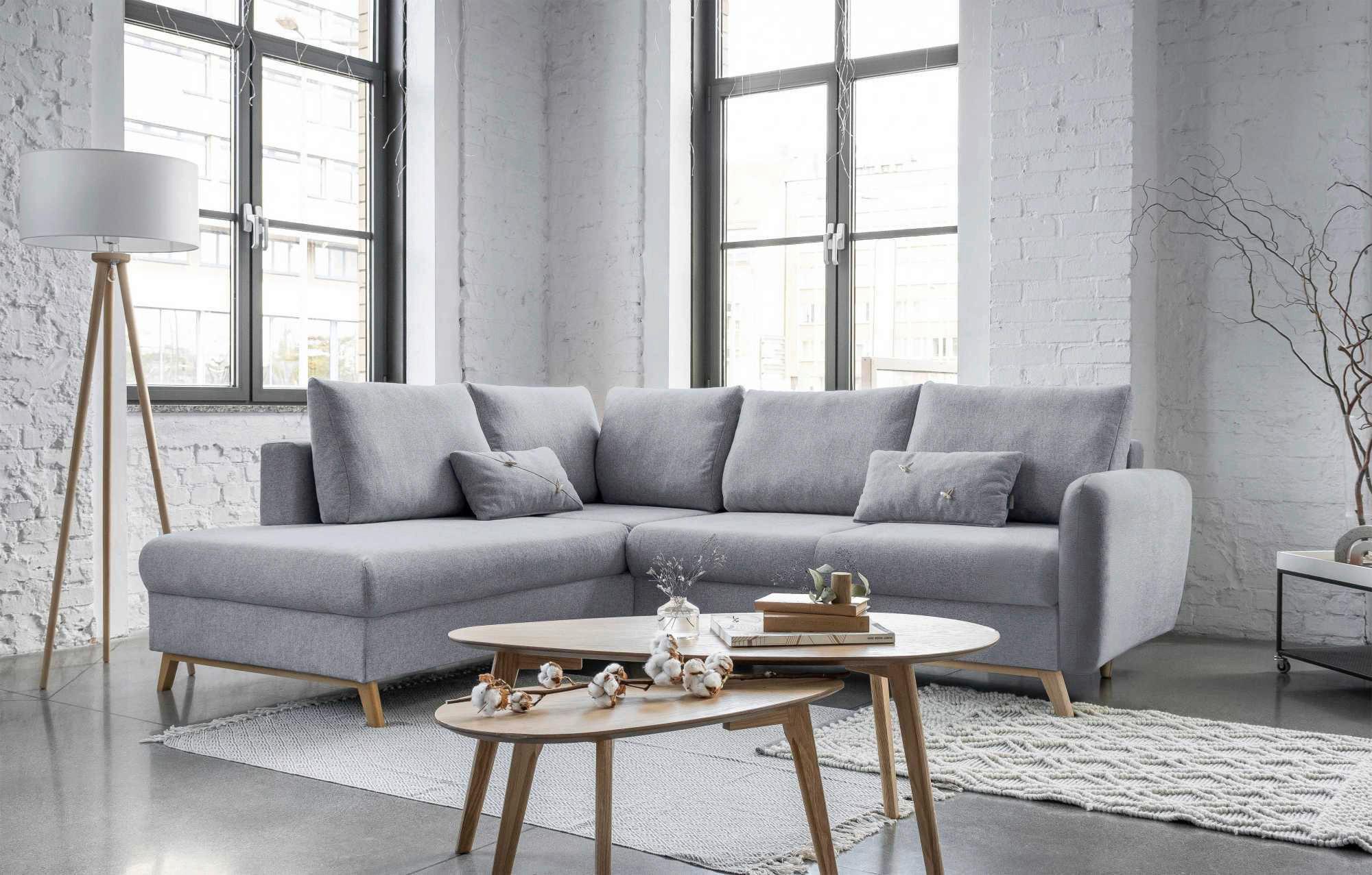 Sedačka LUCILE L, ľavá, sv.sivá, úl.priestor a lôžko - prírodná farba/svetlosivá, drevo/textil (202/242cm) - MID.YOU