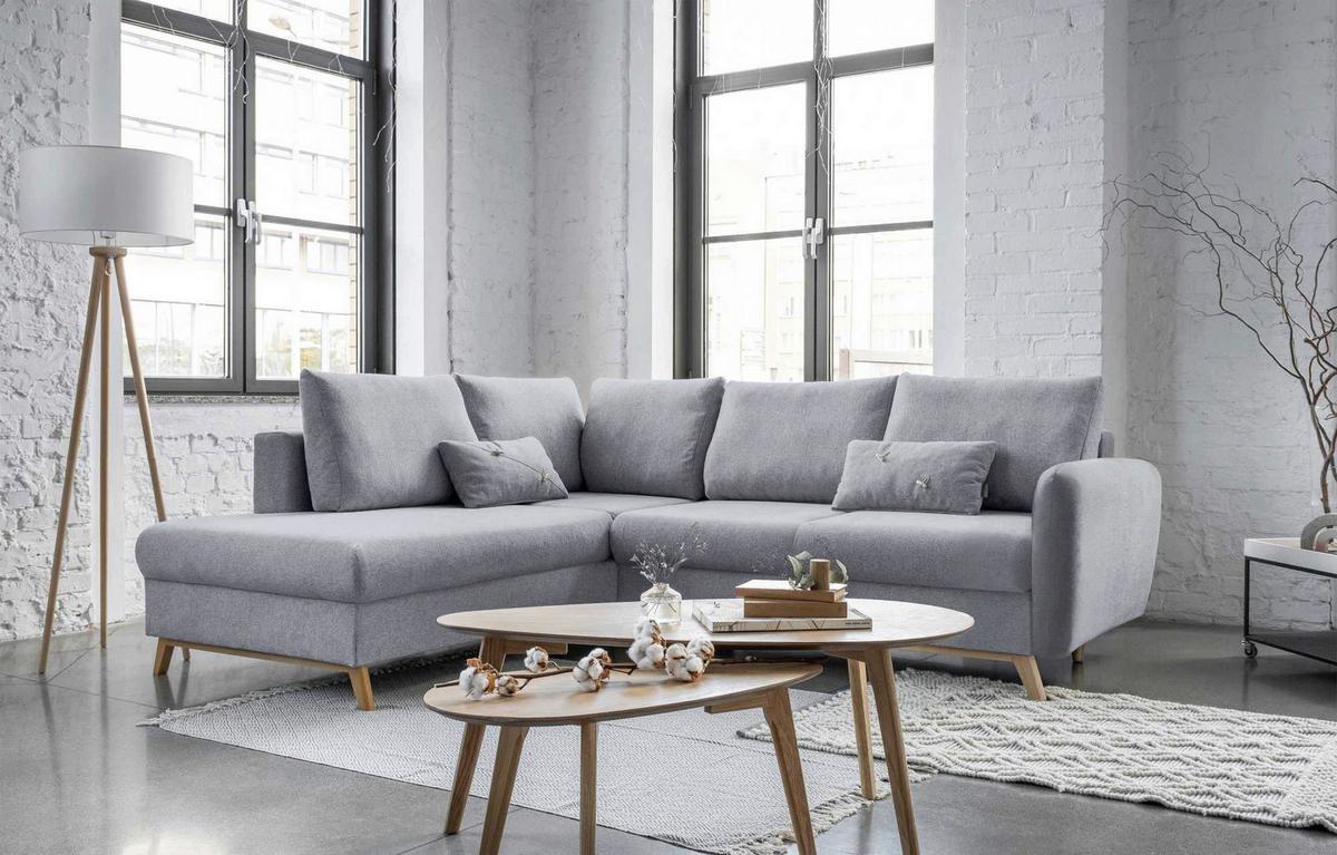 Sedačka LUCILE L, levá, sv.šedá, úl.prostor a lůžko - světle šedá/přírodní barvy, dřevo/textil (202/242cm) - MID.YOU