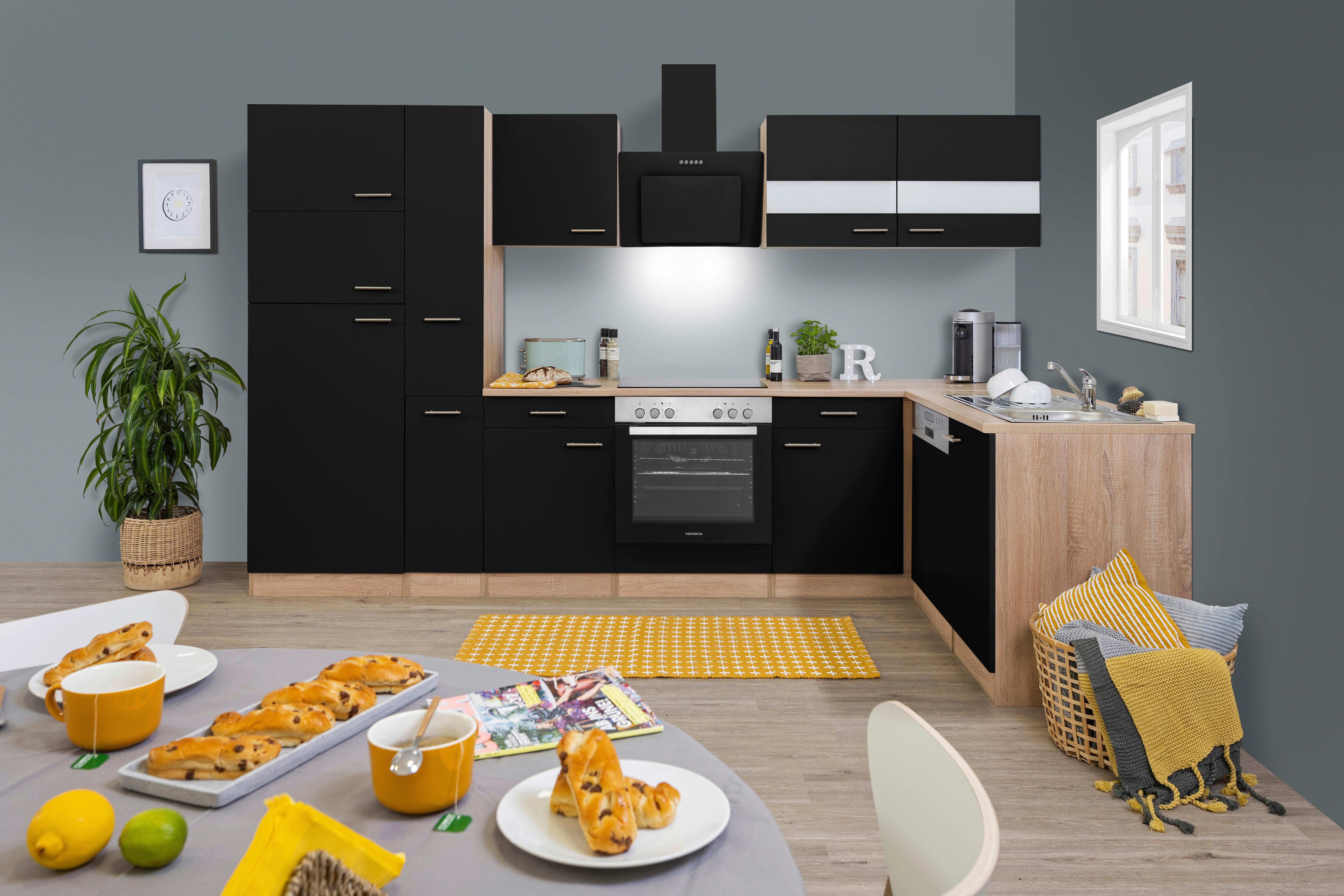 Eckküche Economy mit Geräten 172 cm Schwarz/Eichefarben - Eichefarben/Schwarz, Basics, Glas/Holzwerkstoff (310/172cm) - Respekta