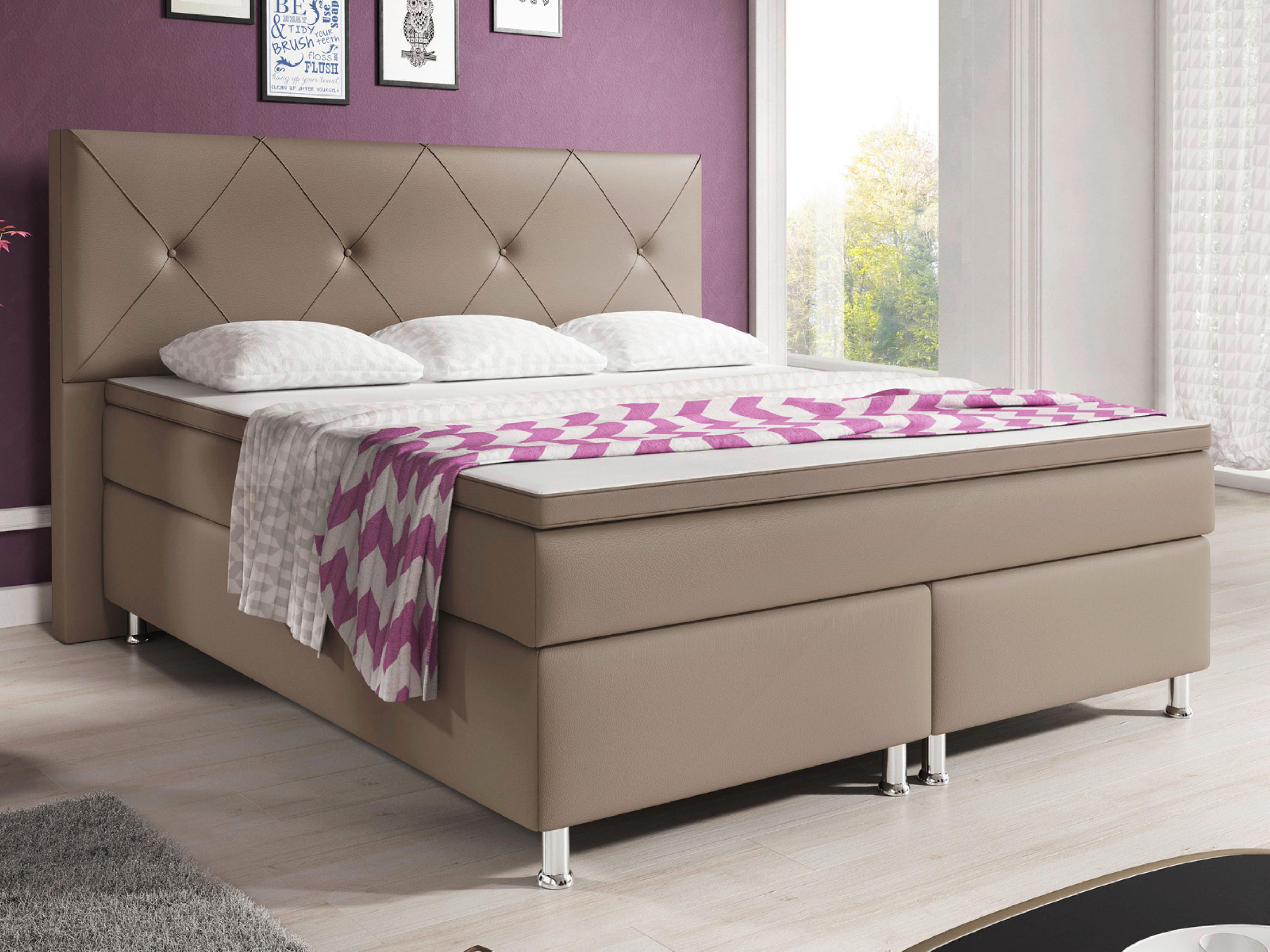 Boxspringbett Mit Topper Lederlook 200x180 Cm Oxford - Silberfarben/Cappuccino, KONVENTIONELL, Leder/Textil (200/125/210cm) - MID.YOU