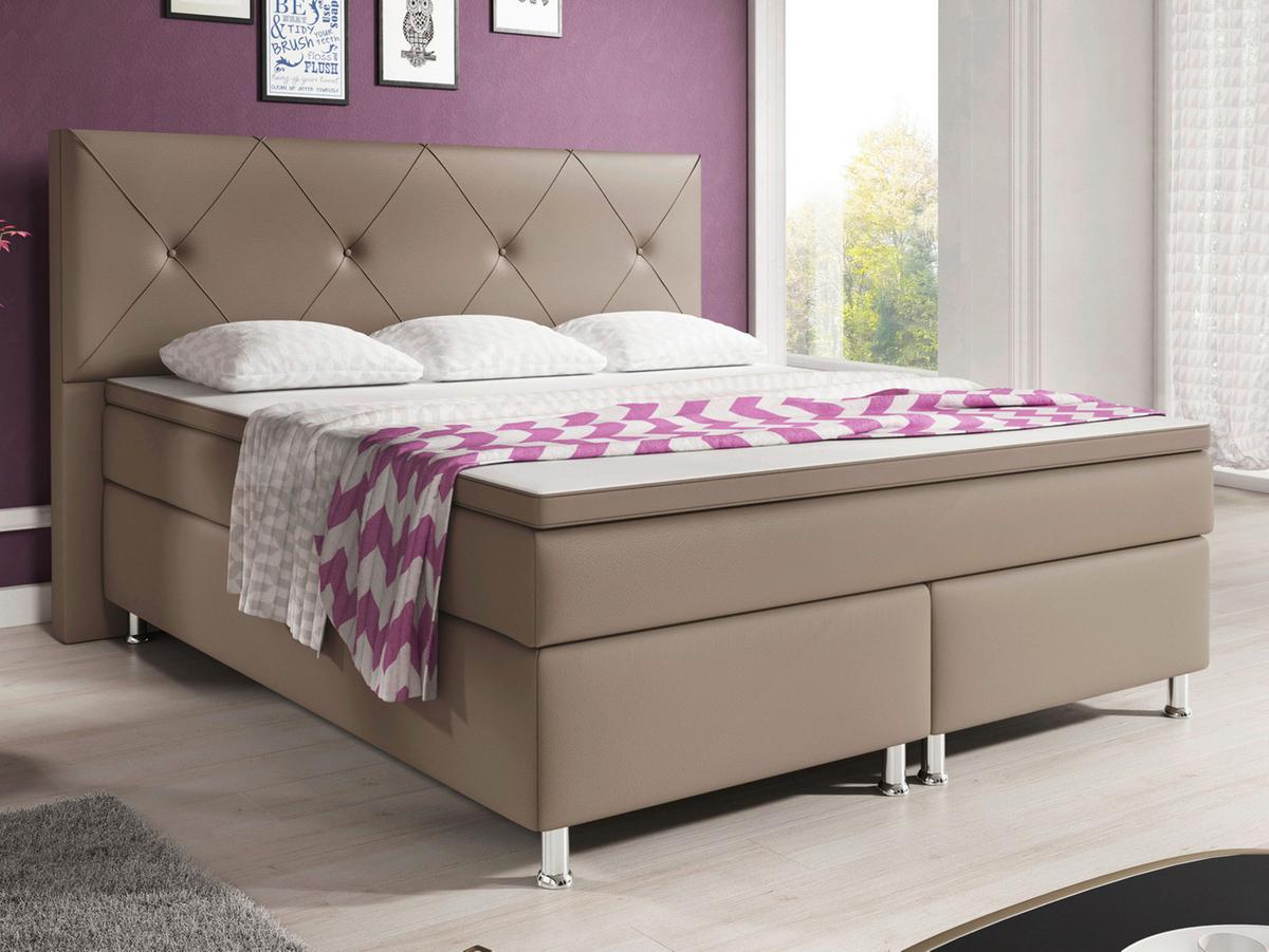 Boxspringbett Mit Topper Lederlook 200x180 Cm Oxford - Silberfarben/Cappuccino, KONVENTIONELL, Leder/Textil (200/125/210cm) - MID.YOU