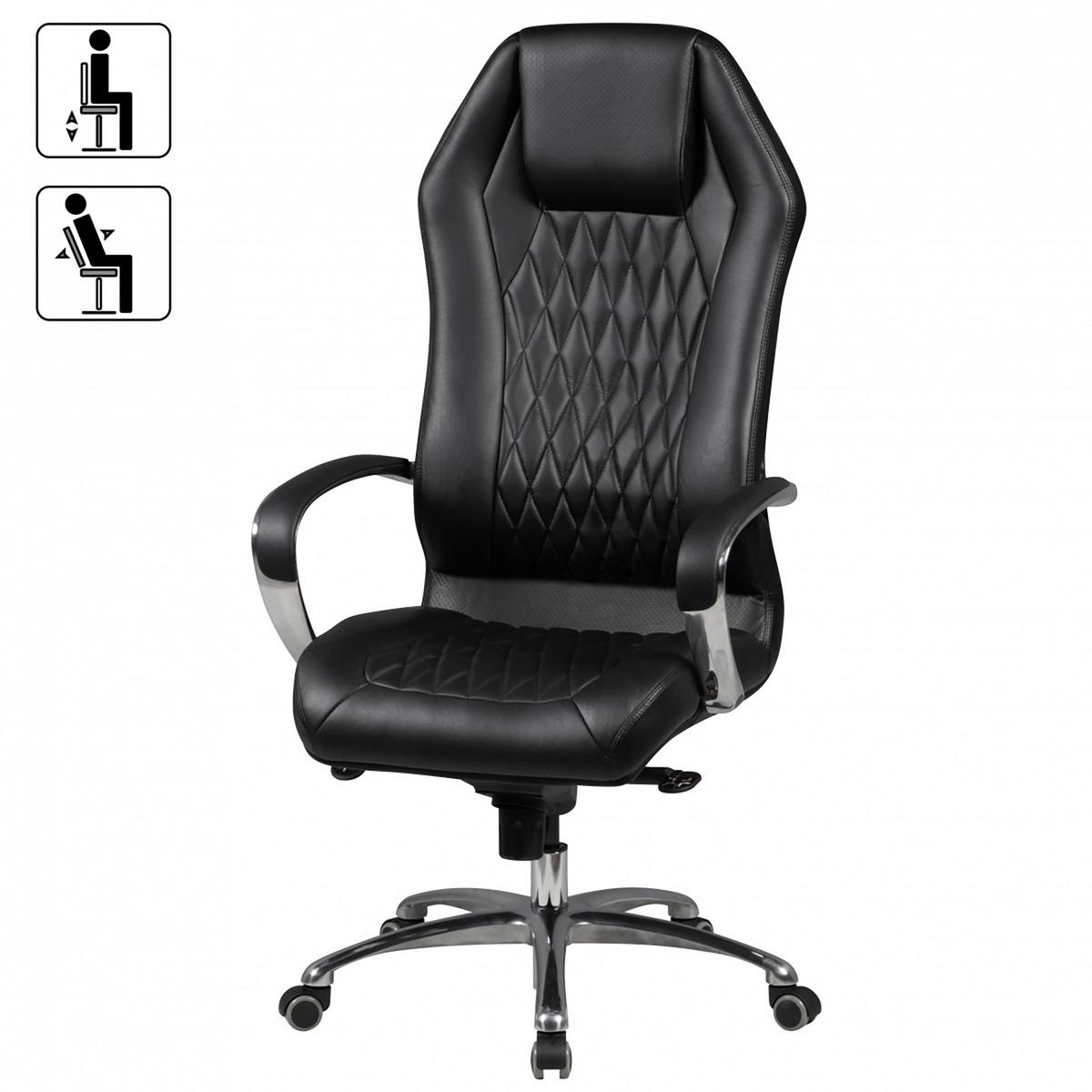 Chefsessel Monterey Echtleder Mit Armlehnen + Wippfunktion - Schwarz/Alufarben, MODERN, Leder/Kunststoff (67/136/67cm) - MID.YOU