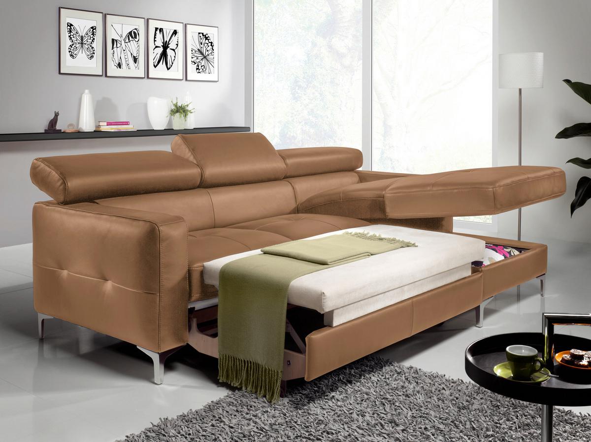 Ecksofa Mit Schlaffunktion Sammy Cappuccino - Chromfarben/Cappuccino, Design, Leder (227/168cm) - Livetastic