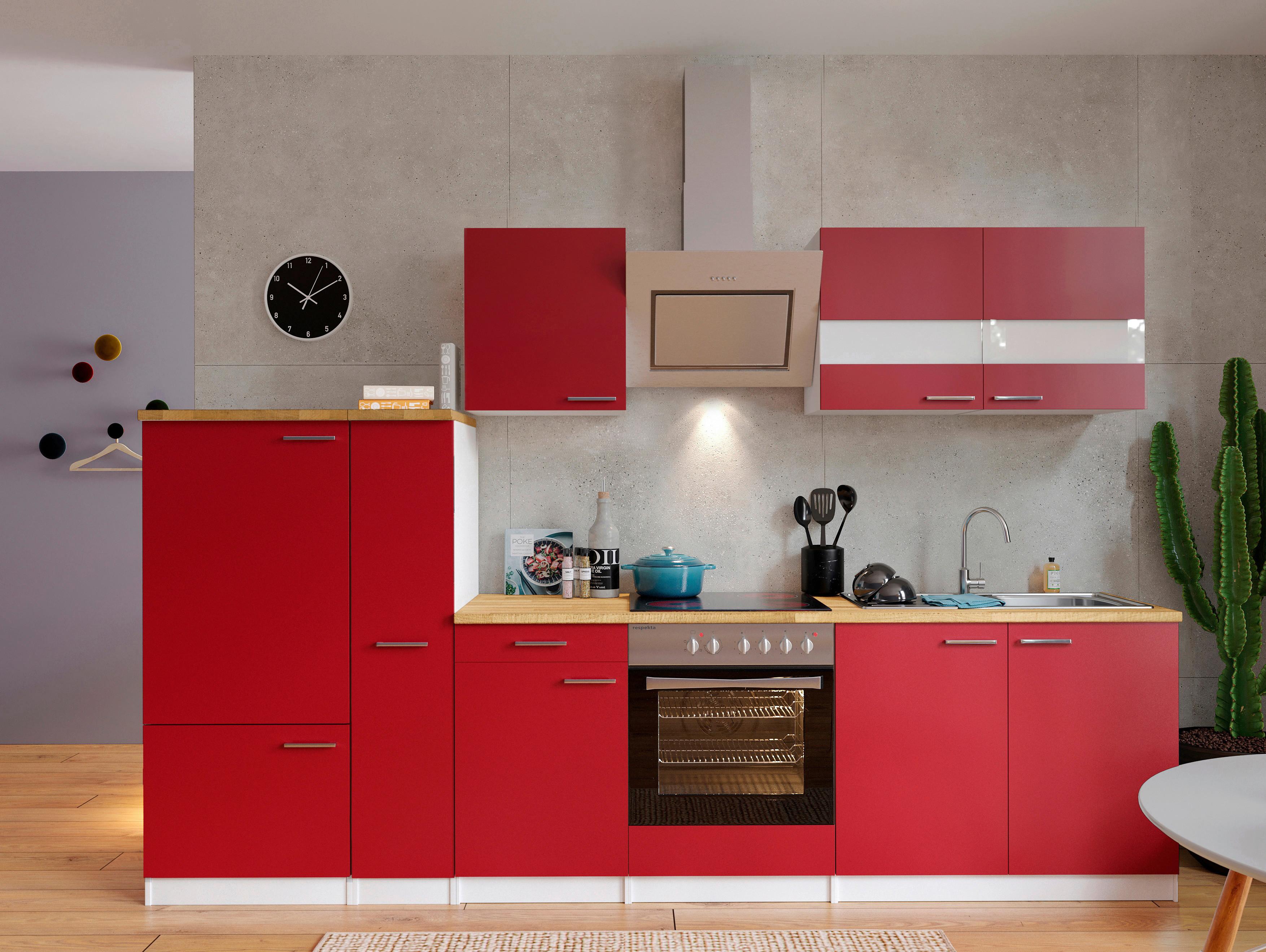 Küchenzeile Economy mit Geräten 300 cm Rot/Nussbaum Dekor - Rot/Nussbaumfarben, Basics, Holzwerkstoff (300cm) - Respekta