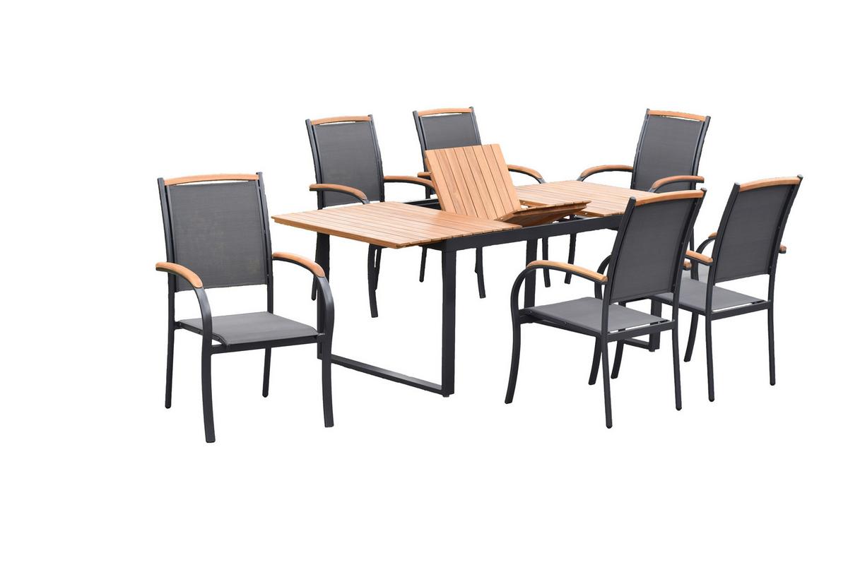 Gartentischgruppe Siena 7-Tlg. Aus Akazie, Tisch ausziehbar - Graphitfarben/Grau, KONVENTIONELL, Holz/Textil - Gardenson