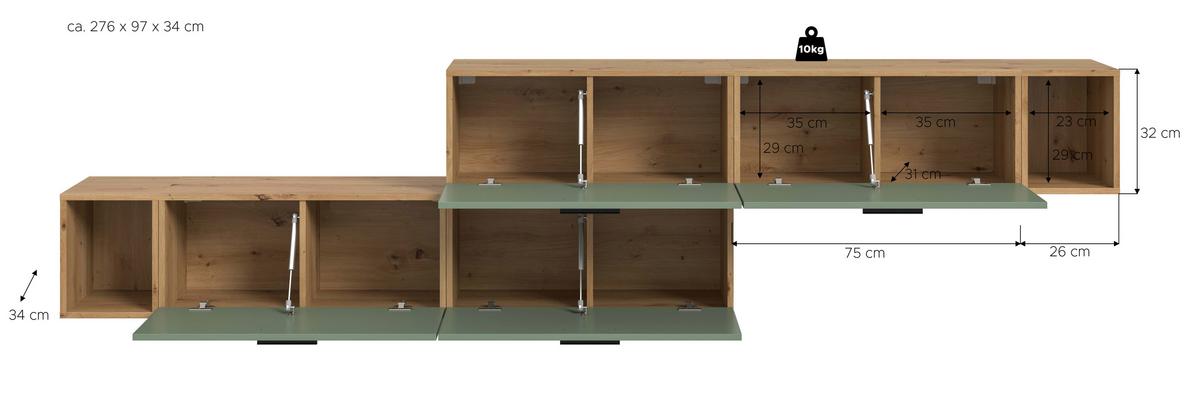 Wohnwand, The ONE 4, B: 276 cm Olivgrün/Artisan Eiche Dekor - Schwarz/Weiß, Trend, Holzwerkstoff (276/97/34cm)