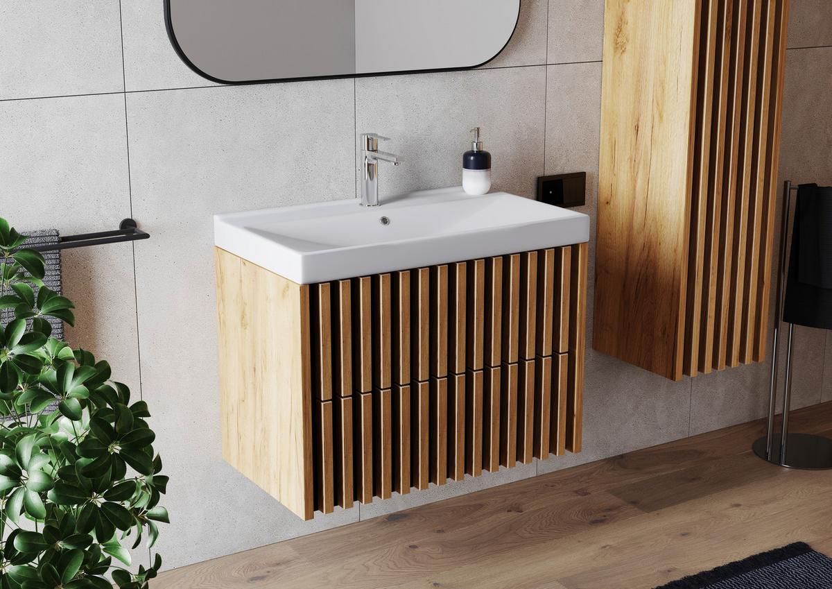 Waschbecken mit Unterschrank B: 81 cm Schwarz/Eichedekor - Eichefarben/Schwarz, MODERN, Keramik/Holzwerkstoff (81cm) - MID.YOU