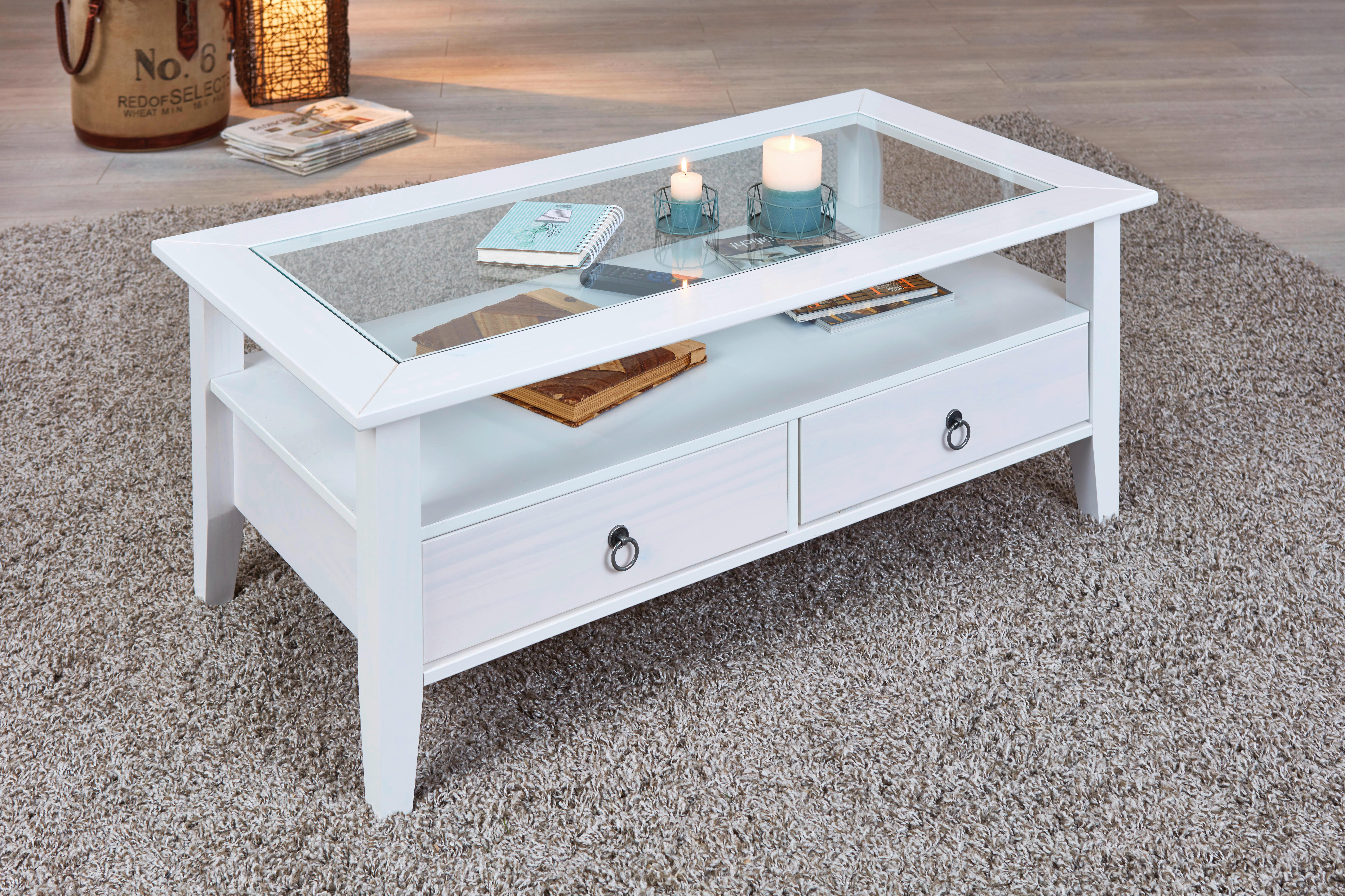 Couchtisch Holz mit Glasplatte und Laden Provence, Weiß - Weiß, MODERN, Glas/Holz (115/60/45cm) - Livetastic