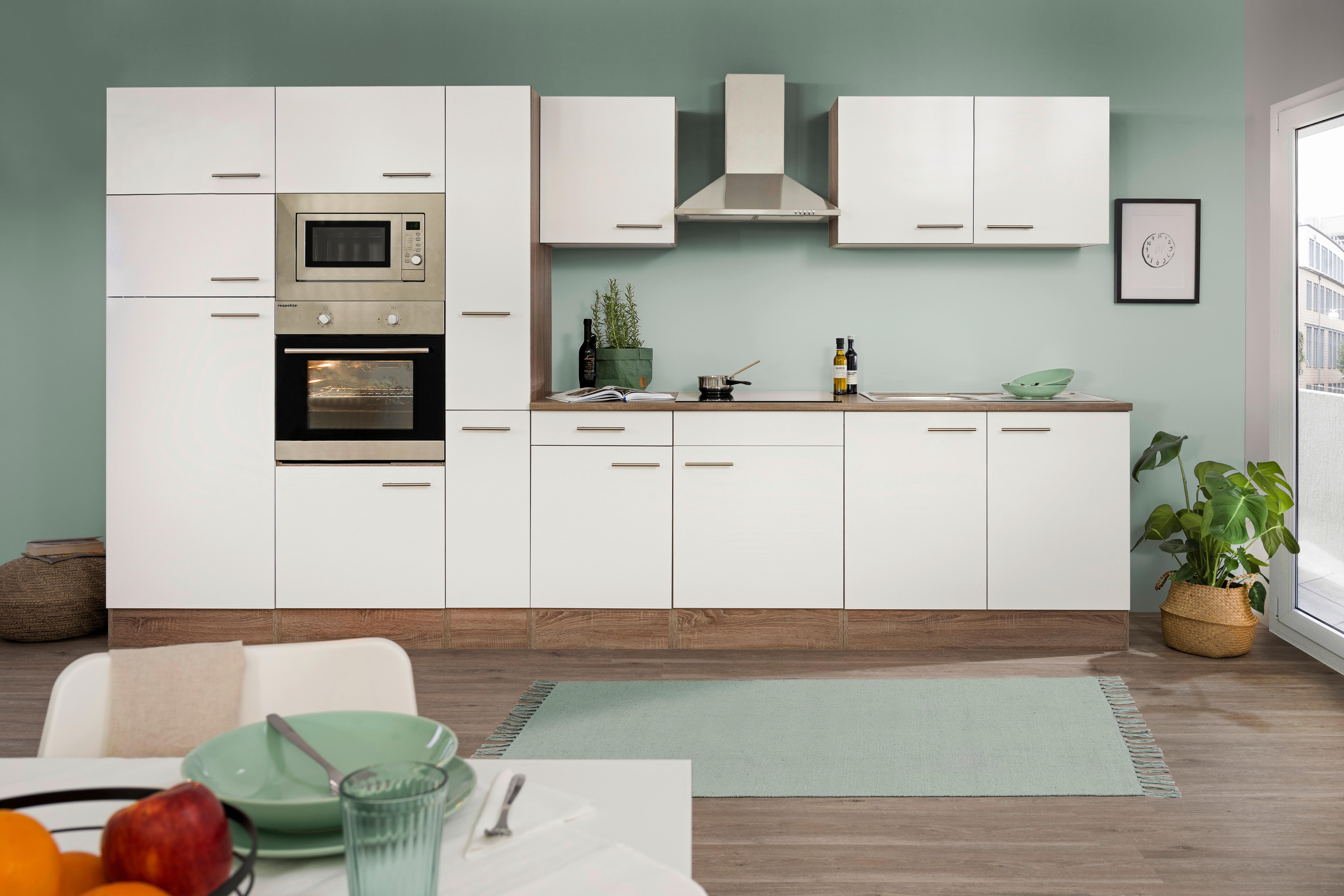 Küchenzeile ohne Geräte B: 360 cm Weiß/Eiche Dekor, Modern - Eichefarben/Weiß, Basics, Holzwerkstoff (360cm) - Respekta
