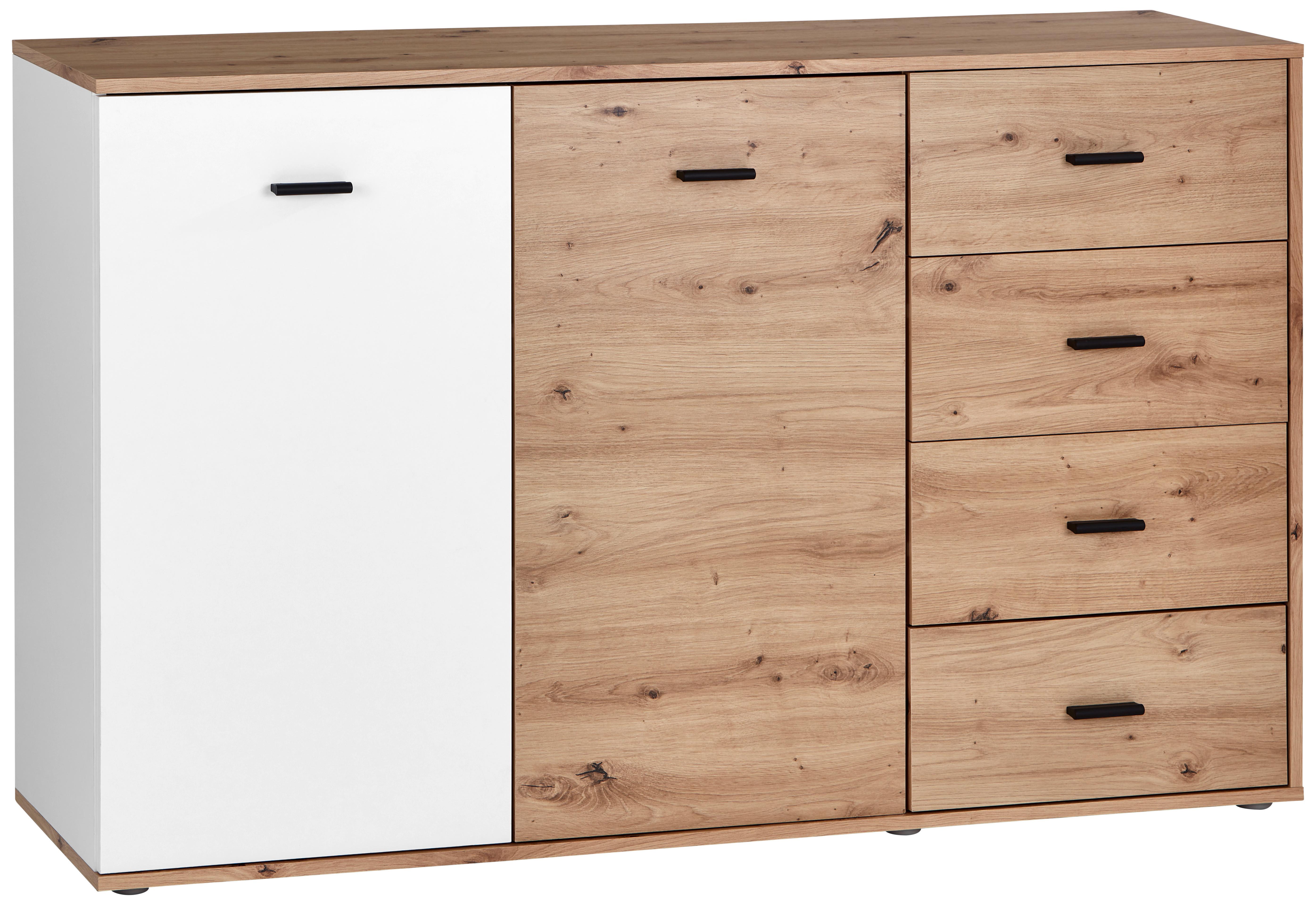 Kommode B: 143 cm Tim, Artisan Eiche Dekor/Weiß - Eichefarben/Alufarben, MODERN, Holzwerkstoff (143/90,2/38cm)