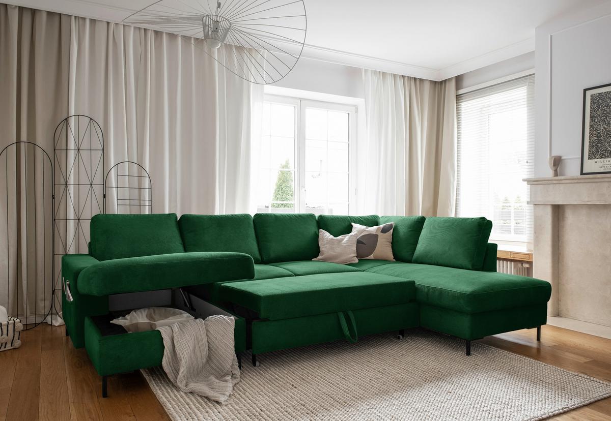 Sedačka LEONIE U, pravá, smaragdovozelený menčester - čierna/smaragdovozelená, Design, kov/drevo (148/303/197cm)