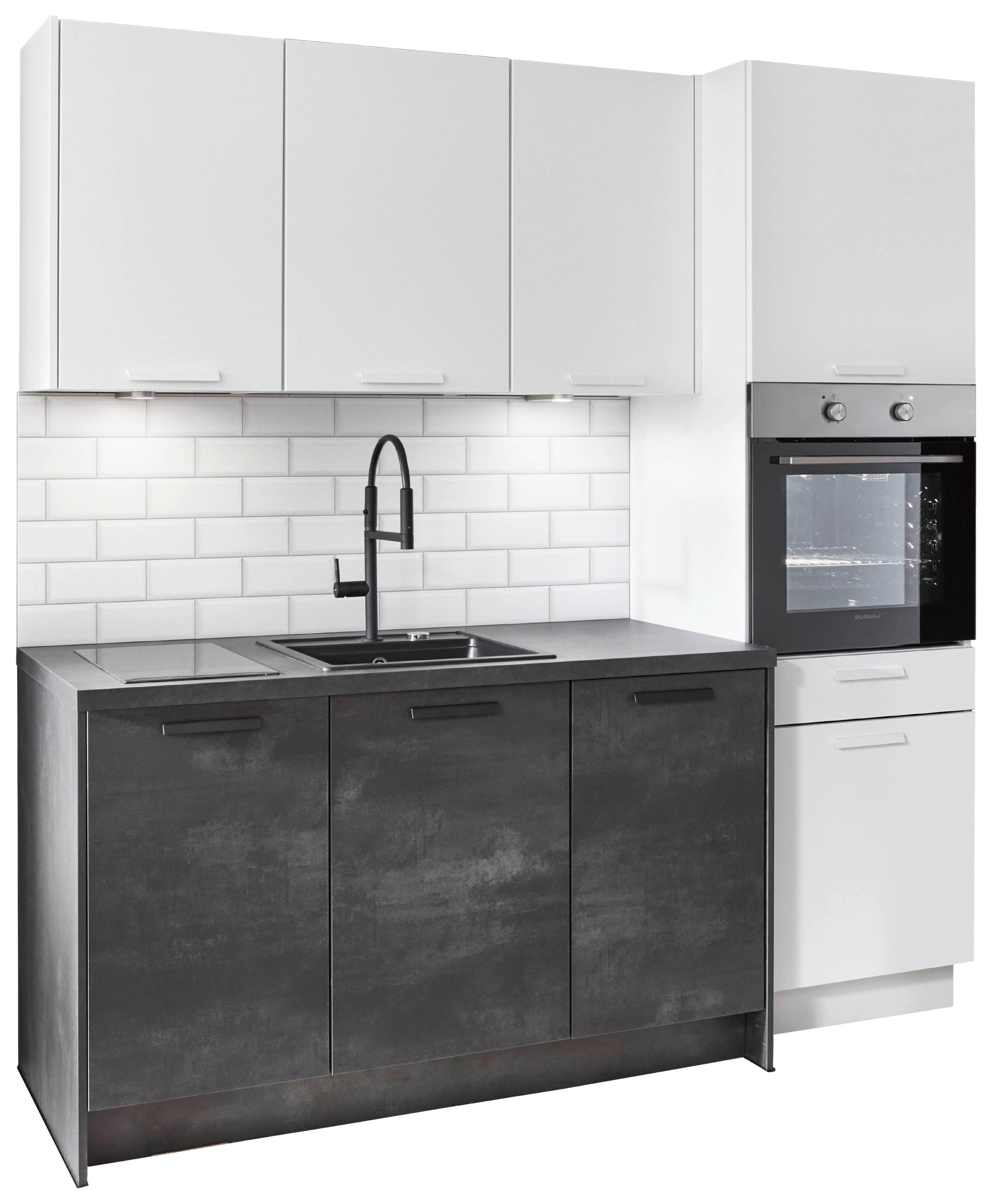 Küchenblock in Weiß und betonfarben mit drei Elektrogeräten