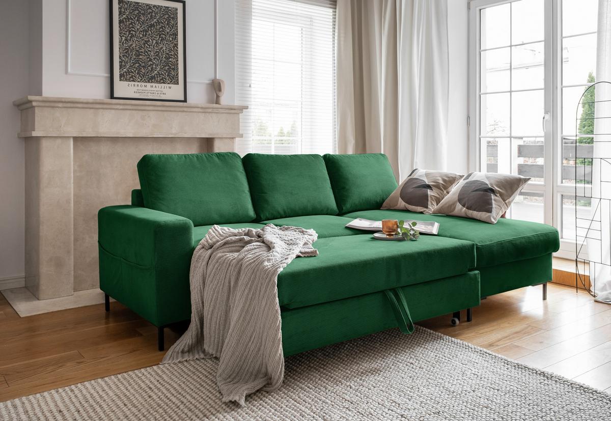 Rohová sedačka LEONIE, pravá, smaragdovozelený menčester - čierna/smaragdovozelená, Design, kov/drevo (236/148cm)