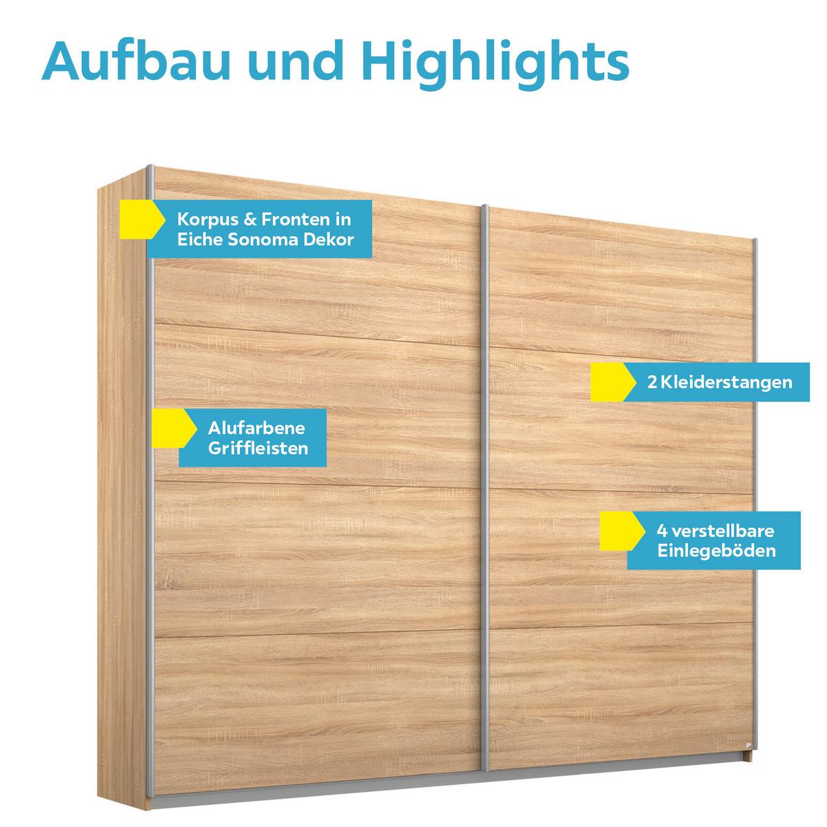 Schwebetürenschrank 226cm Belluno, Sonoma Eiche Dekor - Sonoma Eiche, MODERN, Holzwerkstoff (226/230/62cm) - Rauch Möbel