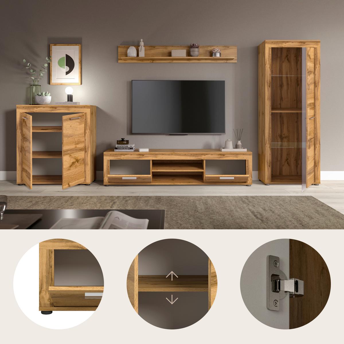 Wohnwand Jam Eiche Dekor 4-Teilig B: Ca. 330 Cm - Eiche Wotan/Schwarz, Design, Glas/Holzwerkstoff (330/159/35cm) - MID.YOU