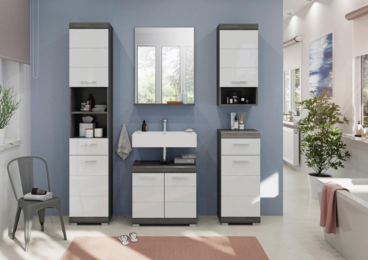 Badezimmer Scout - Weiß Hochglanz/Anthrazit, MODERN, Holzwerkstoff (134cm) - MID.YOU