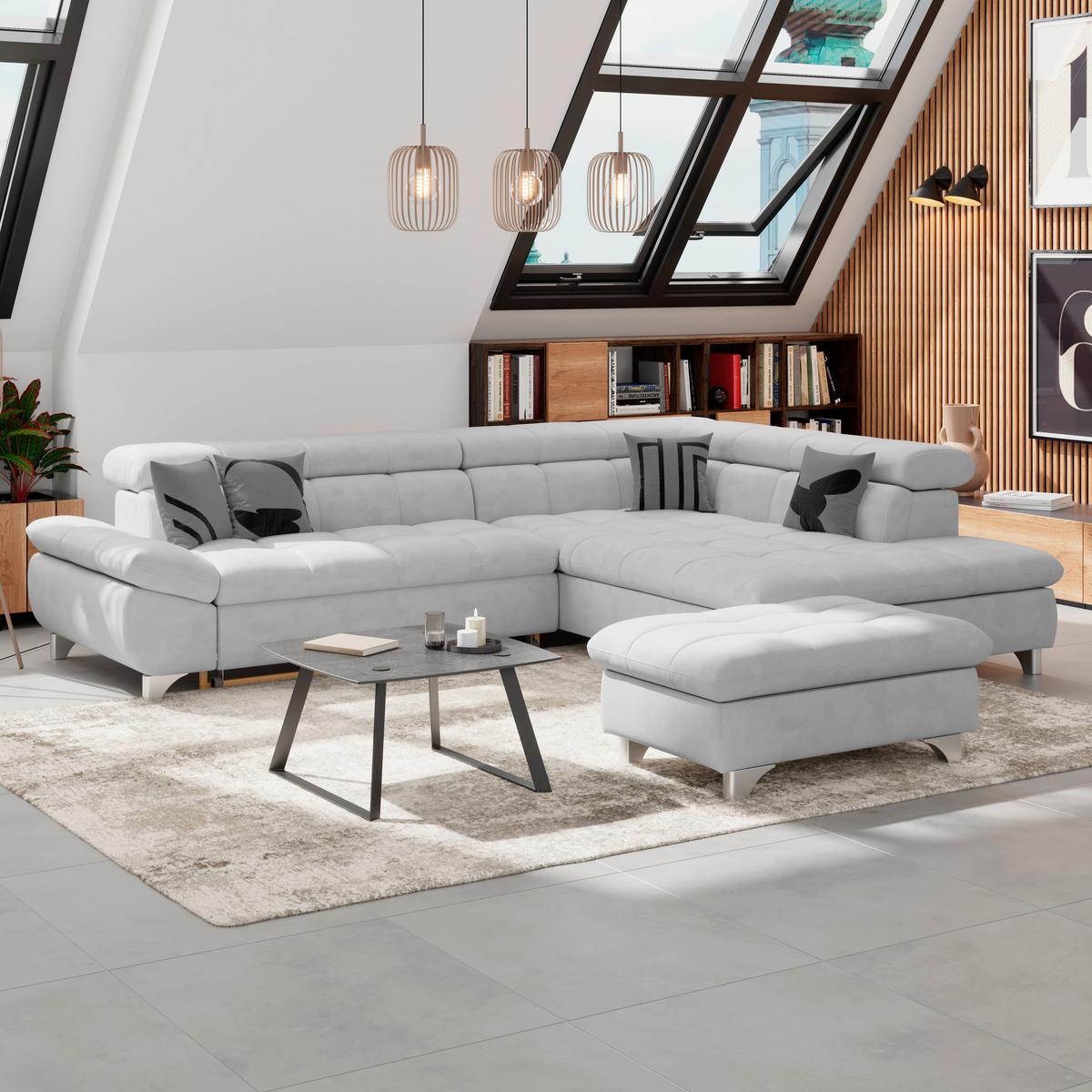 Ecksofa Gemini Hellgrau, B: 312cm - Chromfarben/Hellgrau, KONVENTIONELL, Textil (312/234cm)