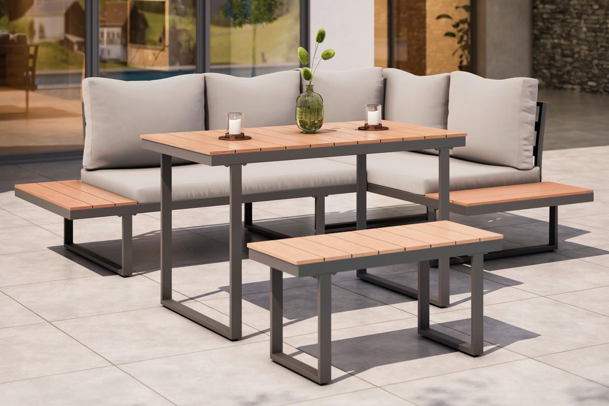 Loungegarnitur 4-tlg Aarhus Metall/holz Mit Kissen - Schwarz/Naturfarben, MODERN, Kunststoff/Textil (146/216cm) - Beldano