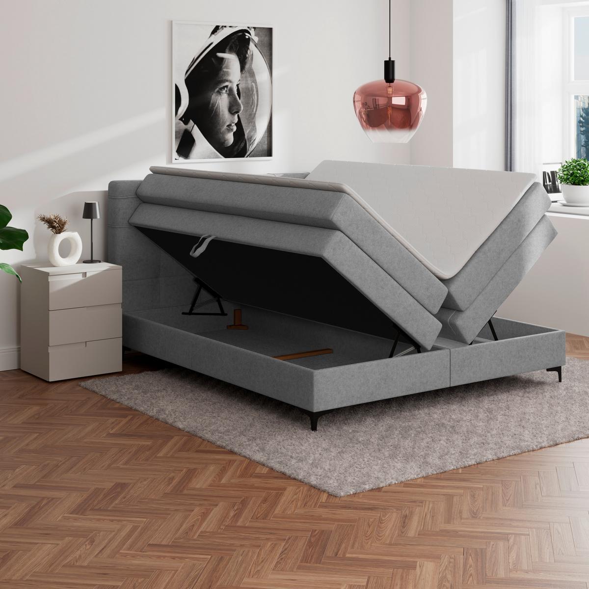 Boxspringbett MITTO Hellgrau 180x200 cm - Hellgrau/Schwarz, KONVENTIONELL, Textil/Metall (180/200cm)
