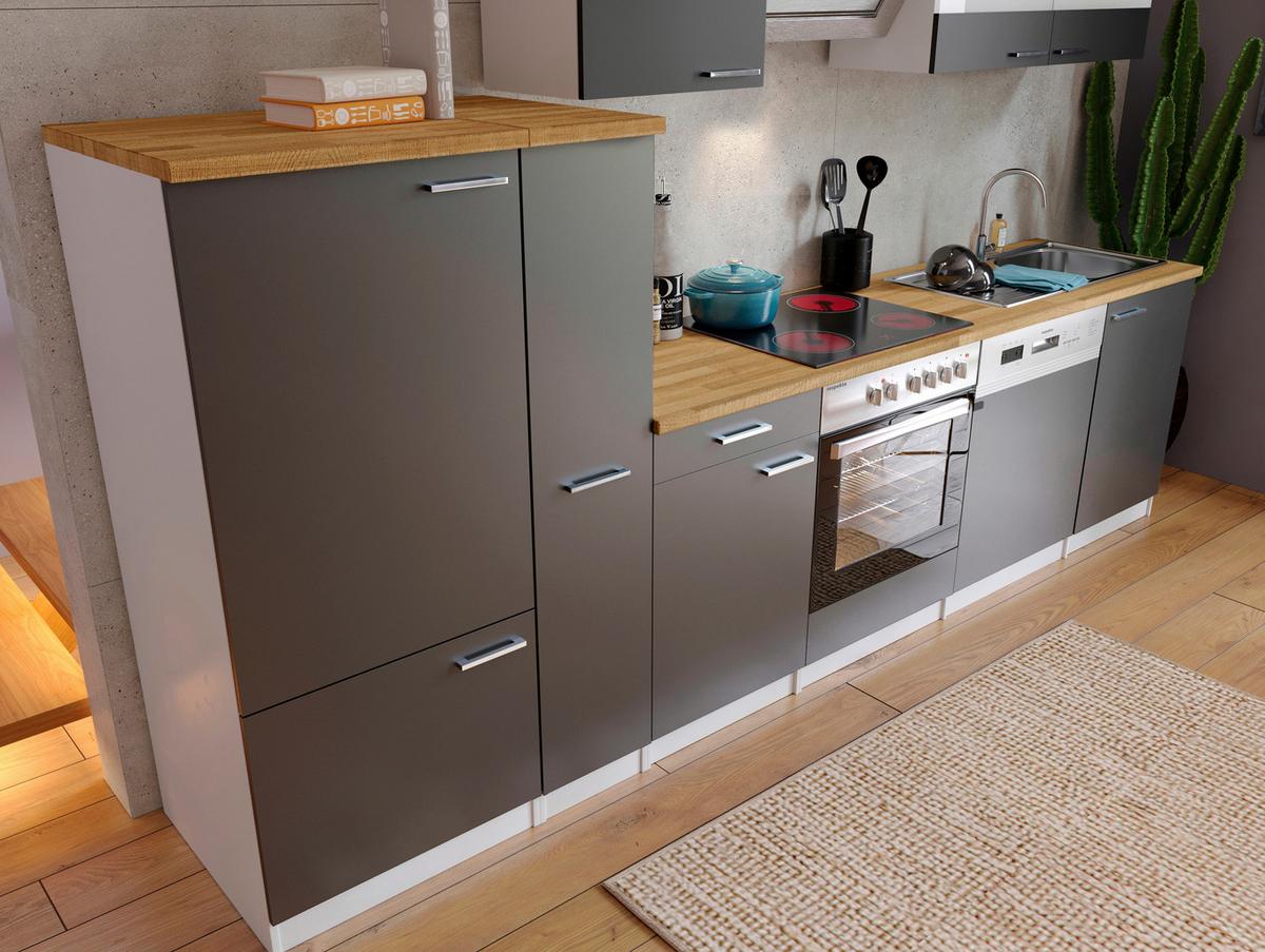 Küchenzeile Economy mit Geräten 310 cm Grau/Nussbaum Dekor - Nussbaumfarben/Weiß, Basics, Holzwerkstoff (310cm) - Respekta