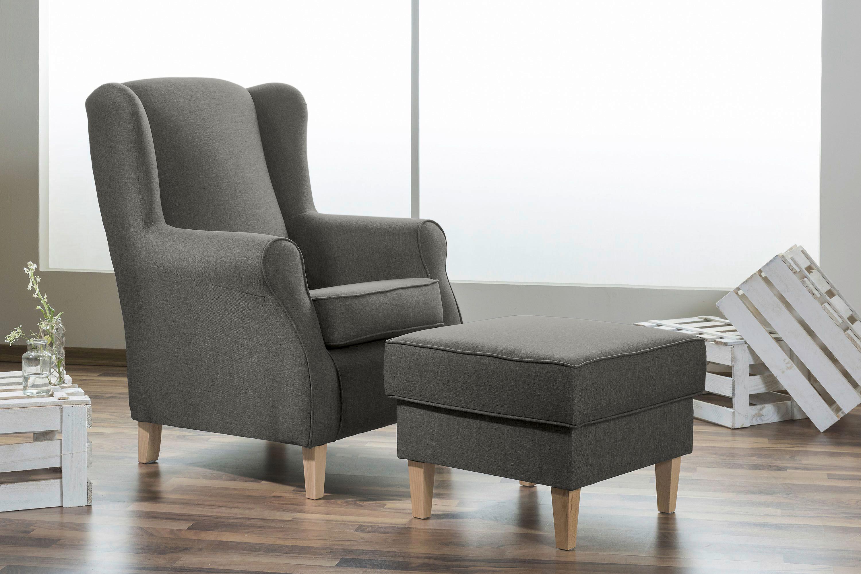 Ohrensessel Lorris - Buchefarben/Hellgrau, Design, Textil (77/103/86cm) - Max Winzer