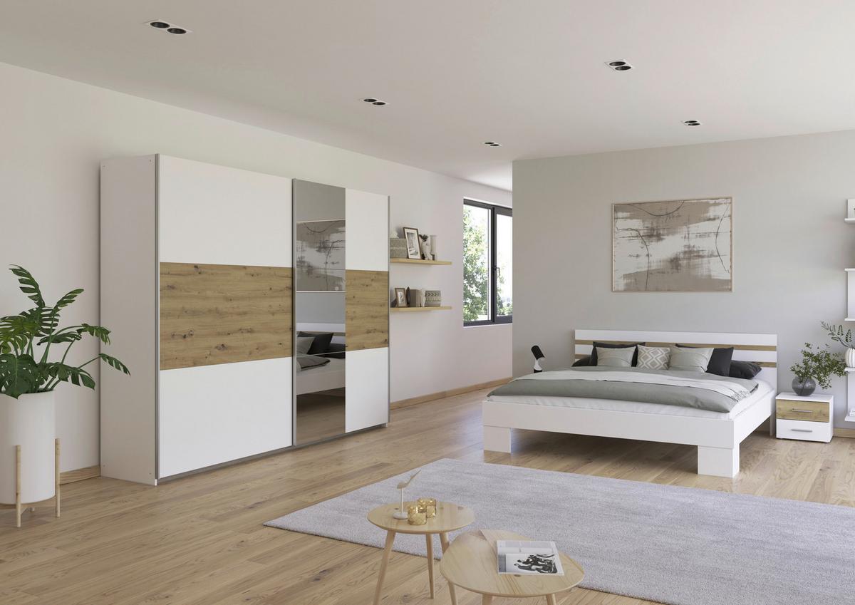 Schwebetürenschrank Mit Spiegel 261cm, Weiß/Eiche - Weiß/Eiche Artisan, KONVENTIONELL, Holzwerkstoff (261cm)