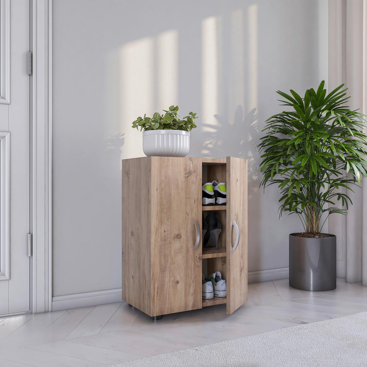 Skrinka na topánky ULAS dekor dub medový - sivá/dub medový, Modern, kov/kompozitné drevo (49/74/30cm) - MID.YOU