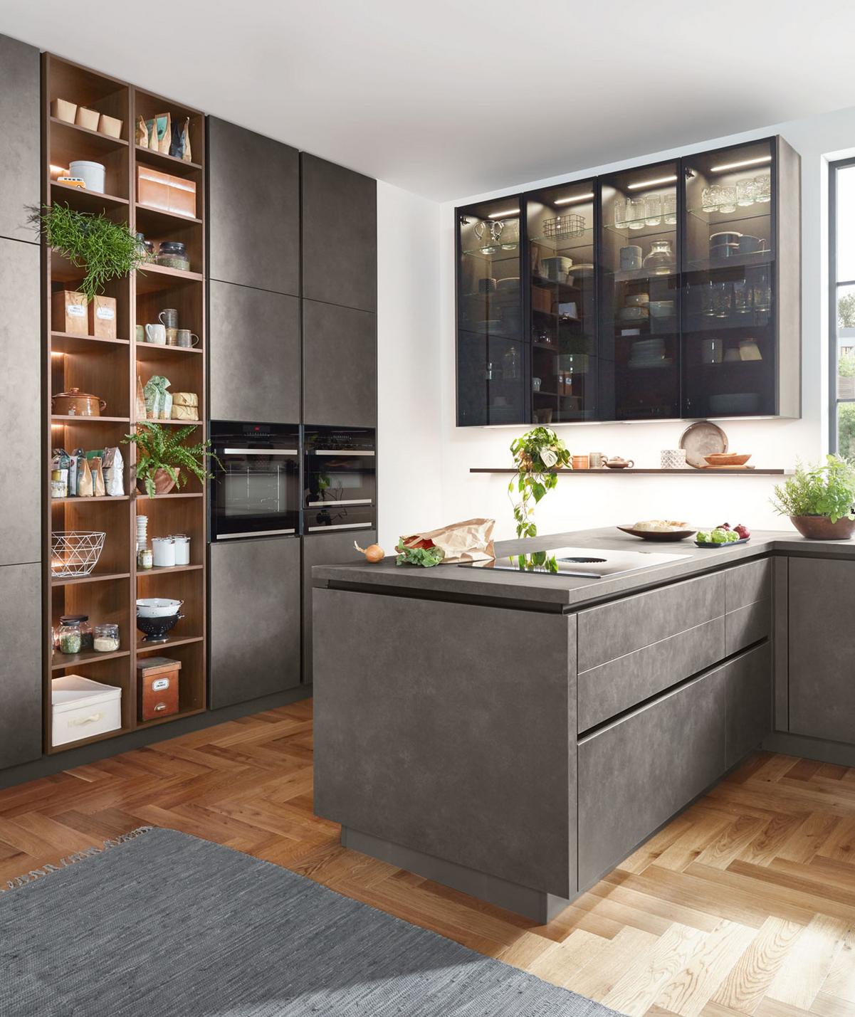 Einbauküche Riga Frei Planbar Modern, Grifflos - Eichefarben/Anthrazit, MODERN, Holzwerkstoff - Vertico