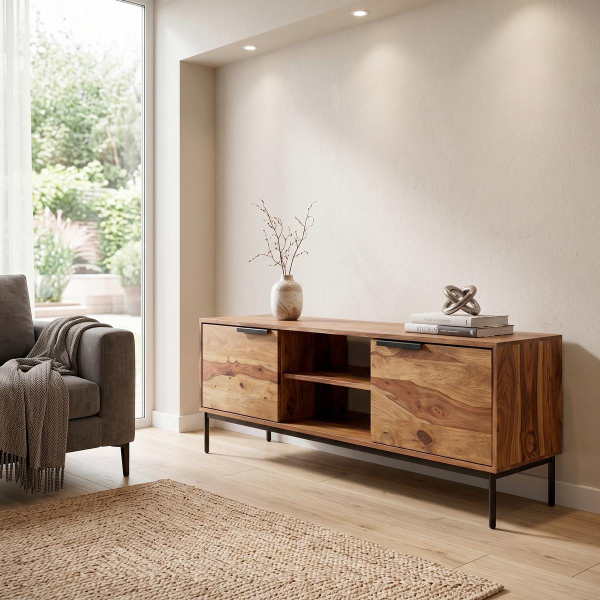 Sideboard Sheesham Sheeshamfarben B: 147 cm - Sheeshamfarben/Schwarz, Design, Holz (147/51/38cm) - MID.YOU
