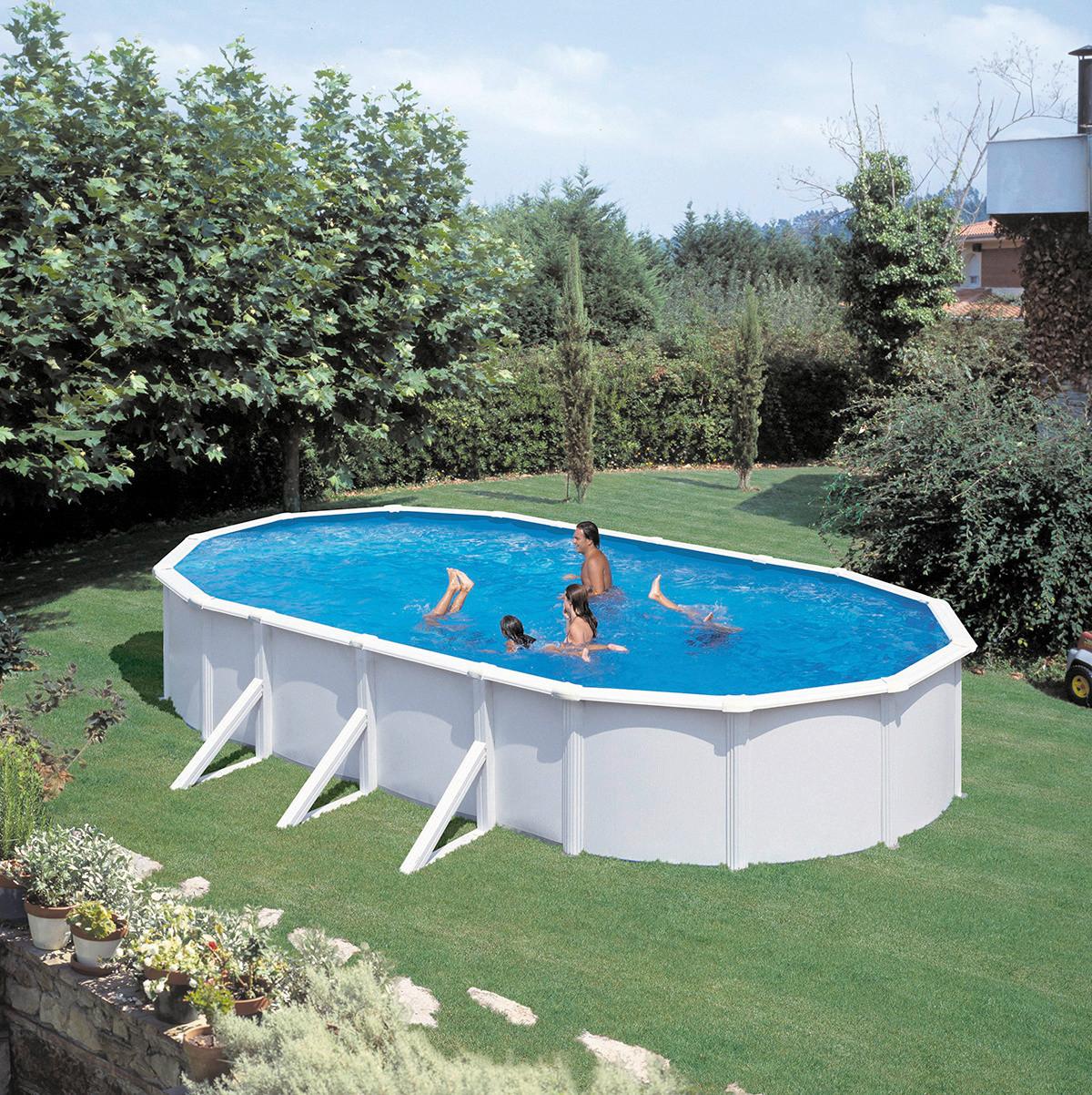 Stahlwandpool Oval Steely De Luxe mit Leiter L: 730 cm - Blau/Weiß, MODERN, Metall (730/360/120cm)