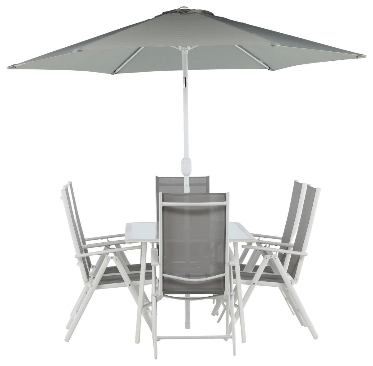 Gartentischgruppe 8-tlg Brekki Aus Aluminium Mit Schirm - Weiß, KONVENTIONELL, Glas/Metall - Gardenson