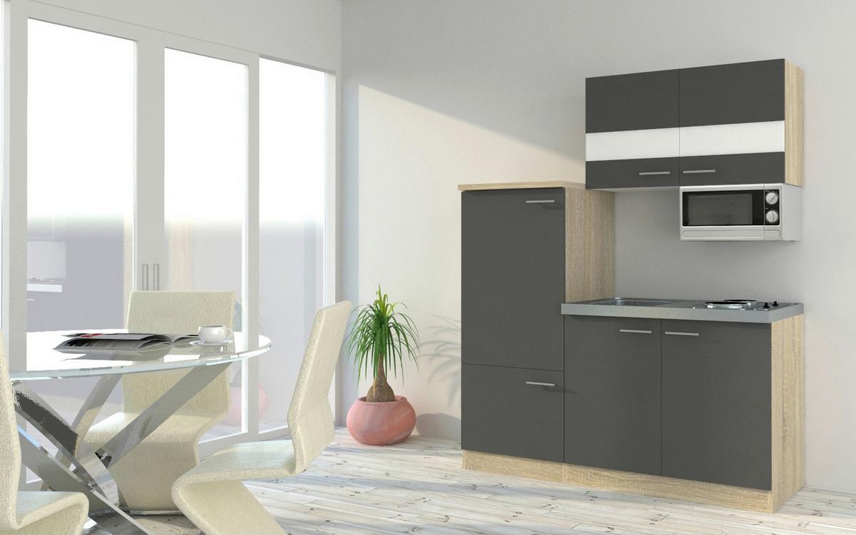 Miniküche M. Kühlschrank + Kochfeld 160 Cm Grau/eiche - Edelstahlfarben/Eichefarben, Basics, Holzwerkstoff/Metall (160cm) - Respekta