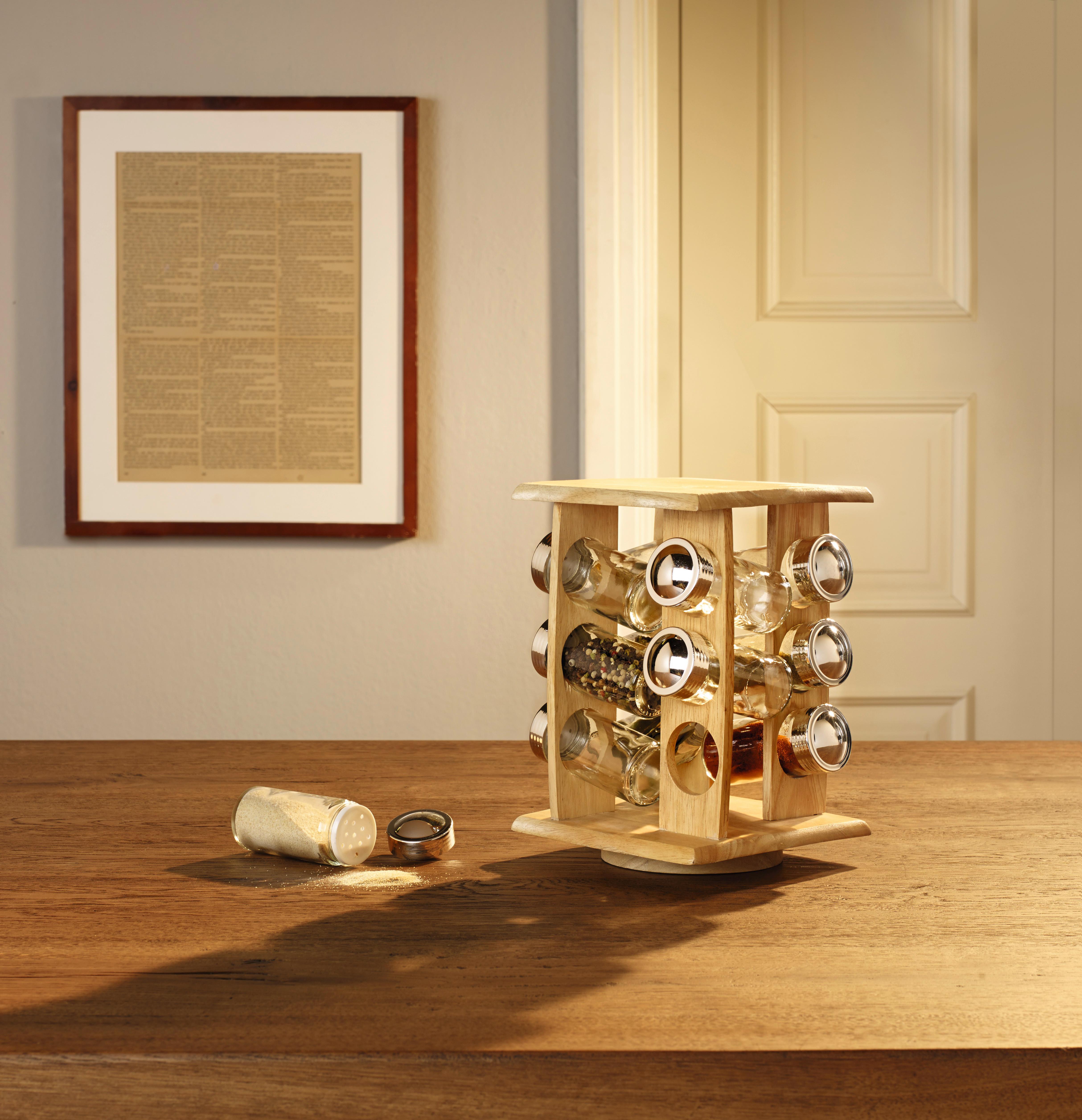 Gewürzregal Holz Gabriella Mit 12 Gläser Bxh: 17,5x23,8 Cm - Silberfarben/Naturfarben, KONVENTIONELL, Glas/Holz (17,5/23,8/17,5cm) - James Wood