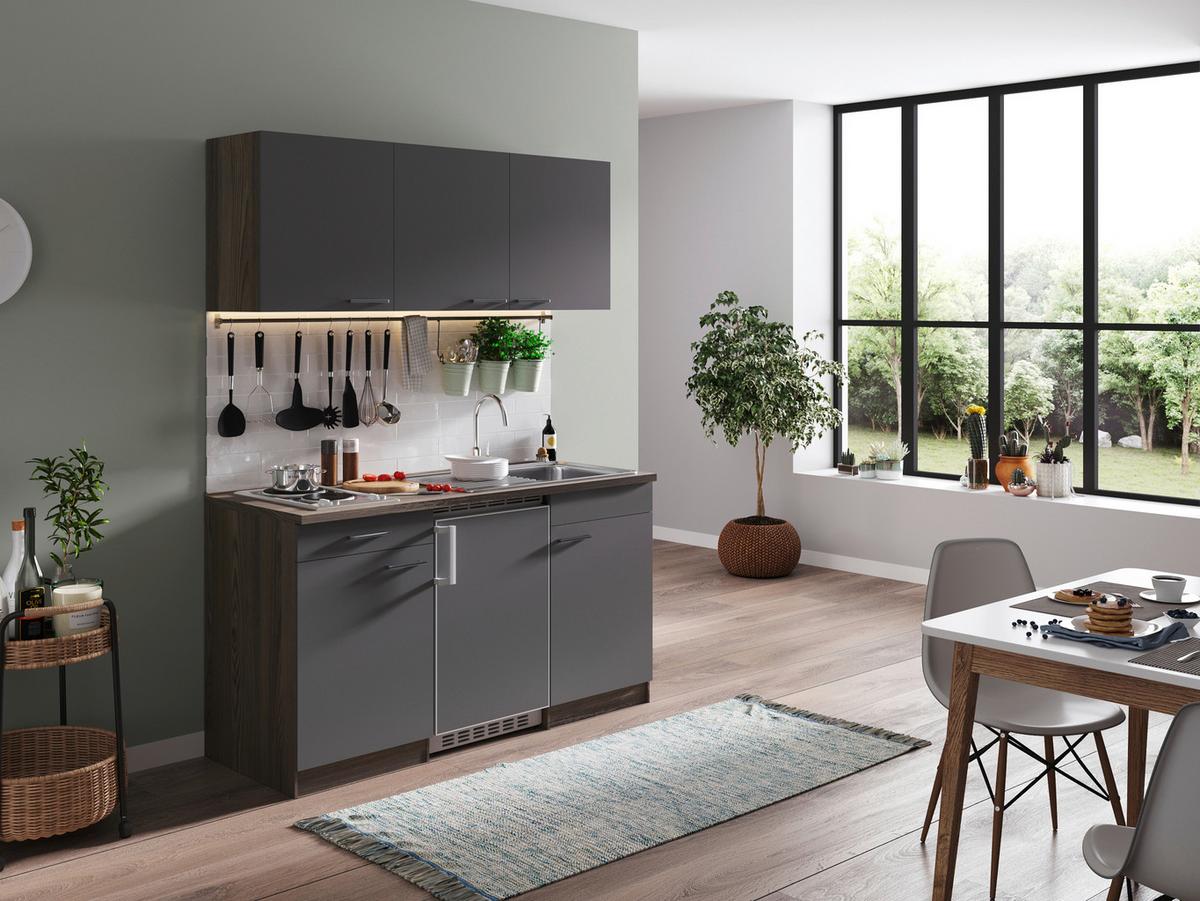 Miniküche Oliver Singleküche 150 cm - Eichefarben/Grau, Basics, Holzwerkstoff (150cm) - Respekta