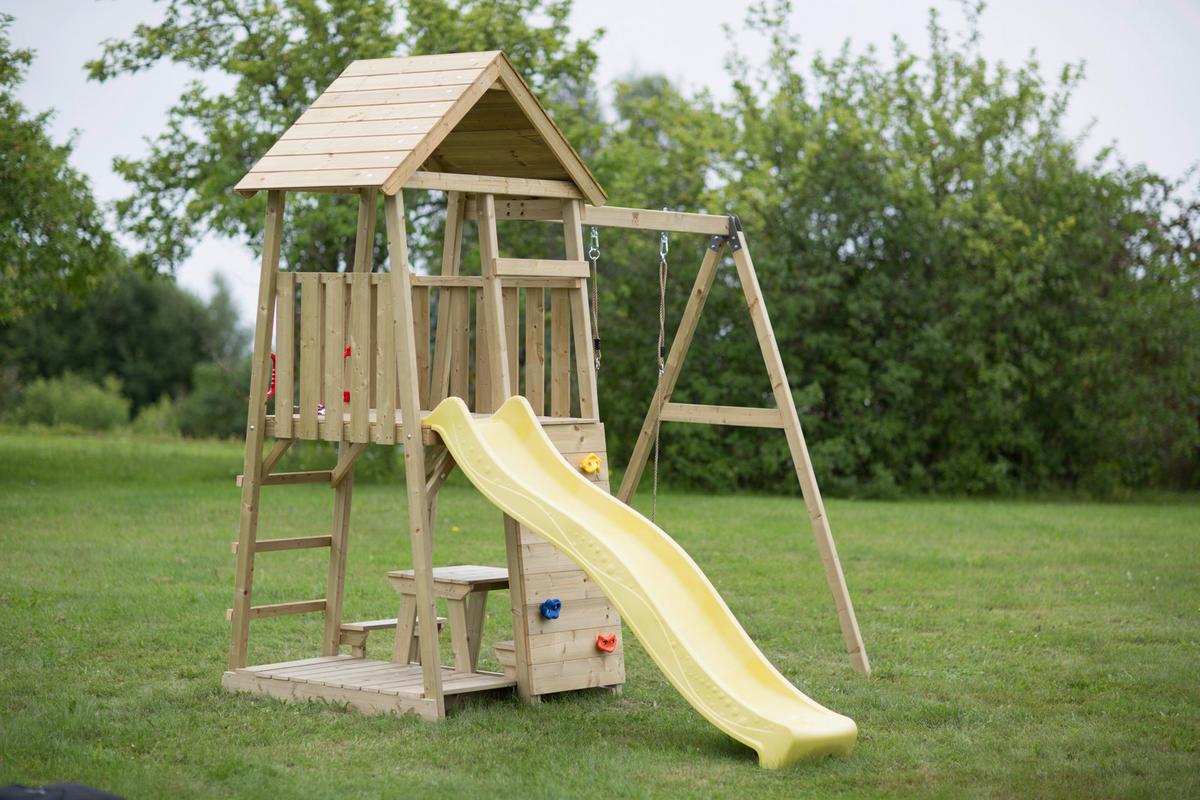 Spielturm Pelikan Gelb/naturfarben, B: 270 Cm - Gelb/Naturfarben, KONVENTIONELL, Holz (270/270/280cm)