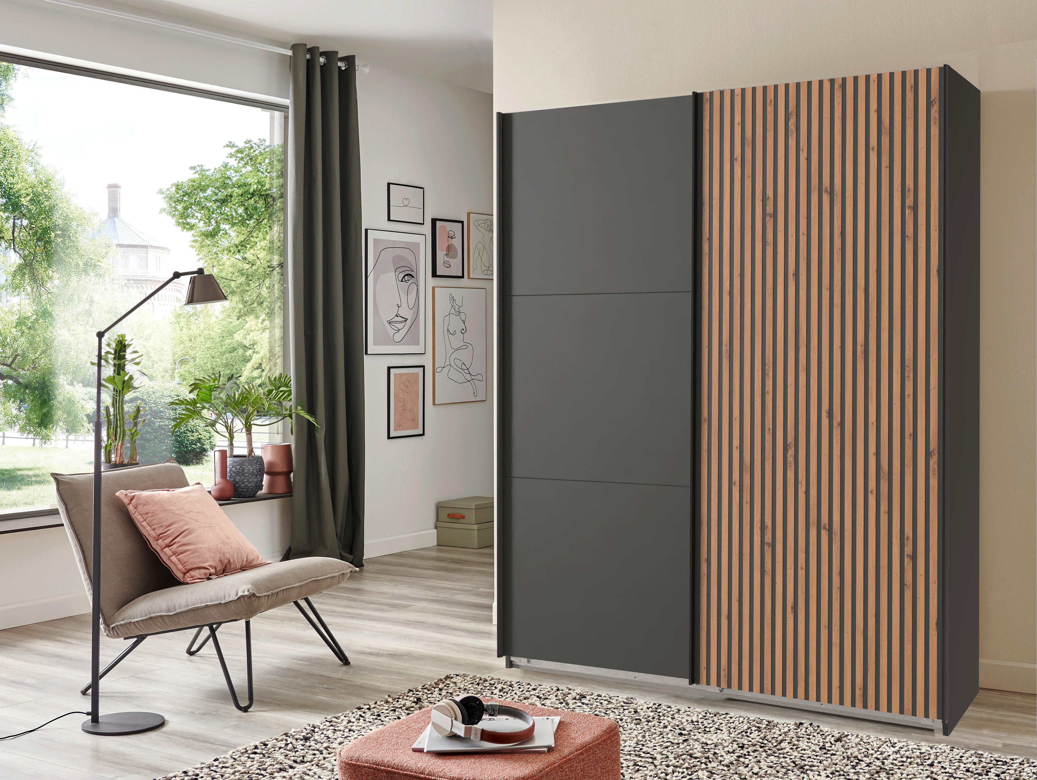 Schwebetürenschrank B: 200 Cm Andorra Eiche/graphitfarben - Eichefarben/Graphitfarben, KONVENTIONELL, Holzwerkstoff (200/218/65cm) - MID.YOU