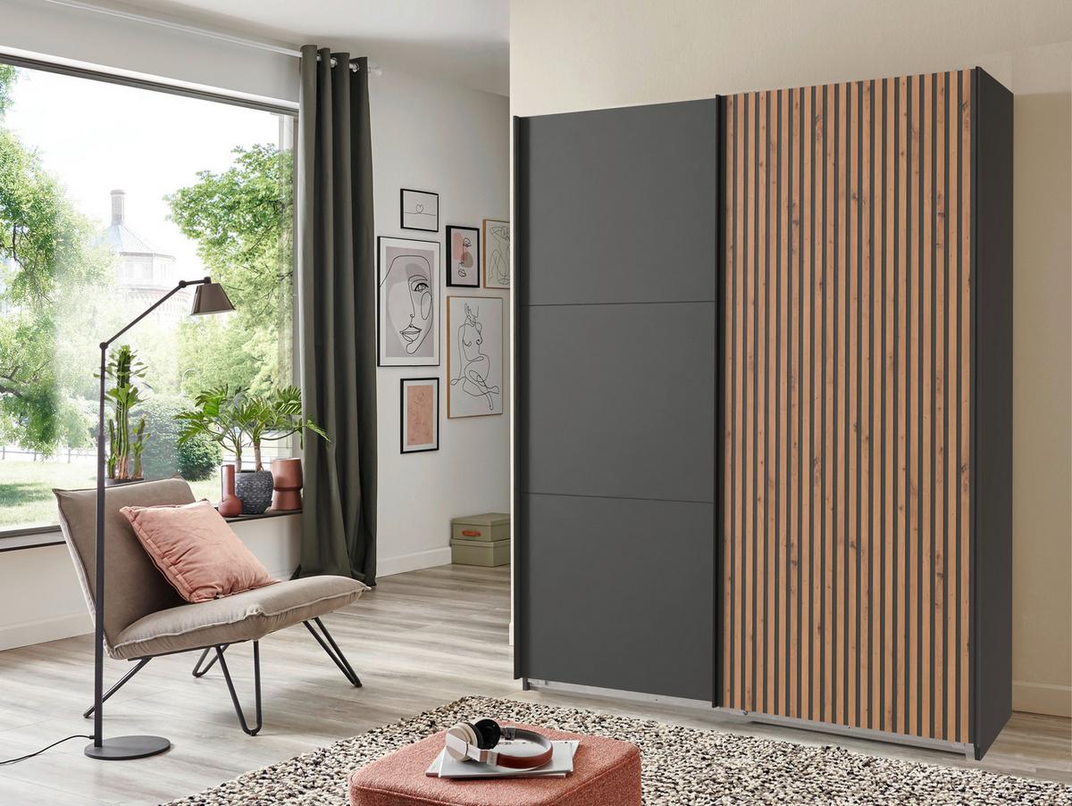 Schwebetürenschrank B: 200 Cm Andorra Eiche/graphitfarben - Eichefarben/Graphitfarben, KONVENTIONELL, Holzwerkstoff (200/218/65cm) - MID.YOU