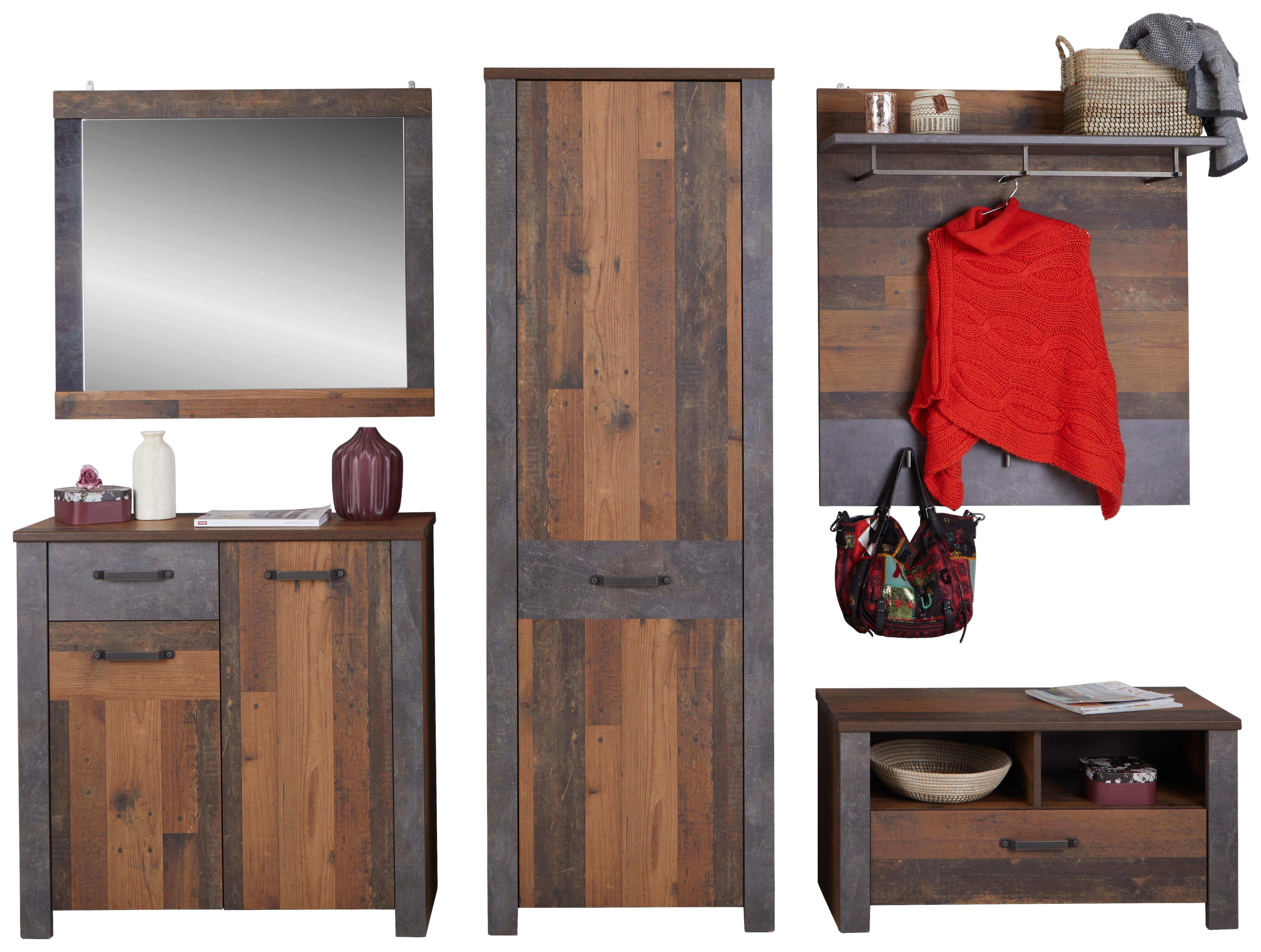 Garderoben-Set Ontario Old Style Dekor 5 -Teilig. Mit Spiegel - Eichefarben/Grau, Trend, Holzwerkstoff (260,40/200/37cm) - Ondega
