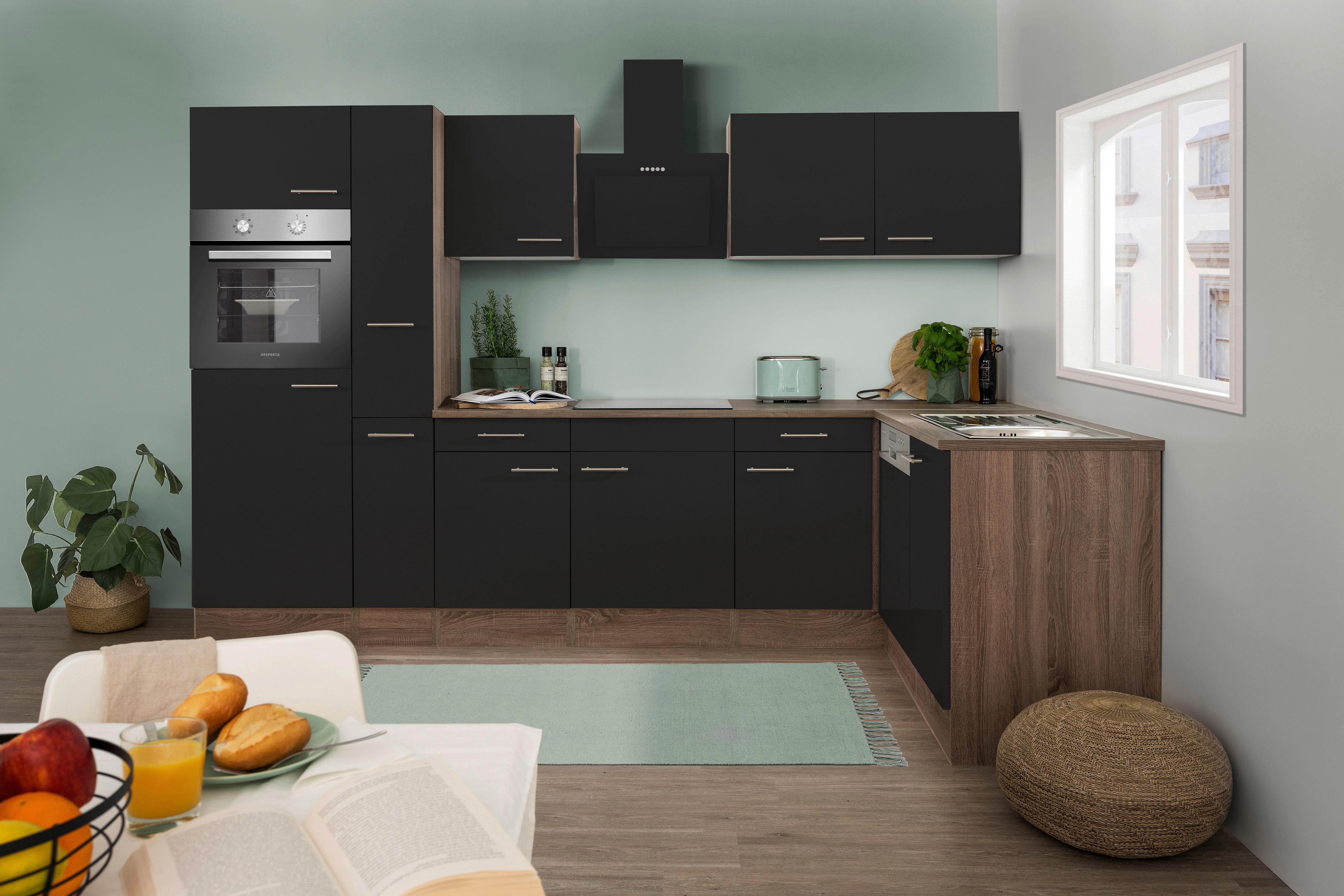 Eckküche Oliver L-Küchenblock 310 cm - Eichefarben/Schwarz, Basics, Holzwerkstoff (310/172cm) - Respekta