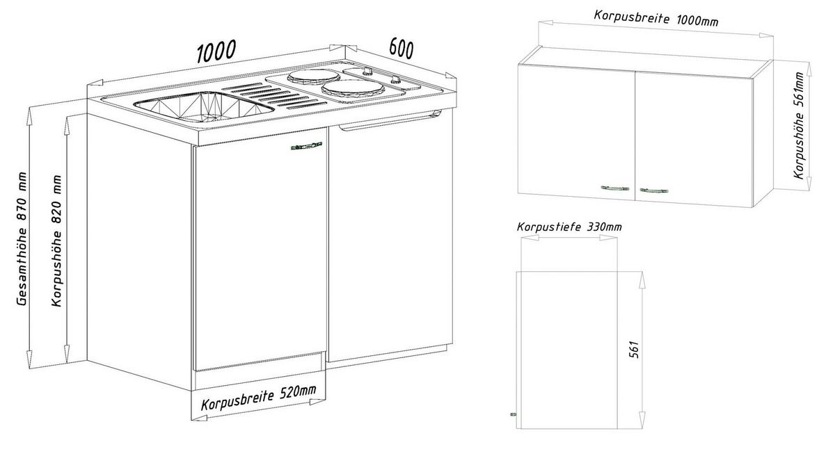 Miniküche M. Kühlschrank + Kochfeld 100 Cm Weiß Dekor - Weiß, MODERN, Holzwerkstoff/Metall (100cm) - Respekta