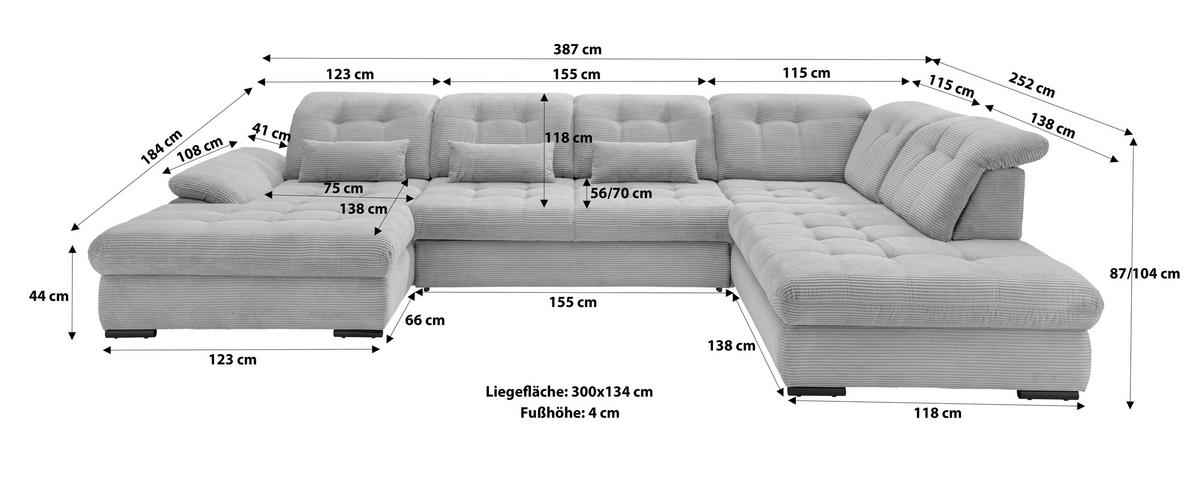 Wohnlandschaft mit Bettkasten Rigatti Beige B: 387 cm - Beige/Schwarz, MODERN, Textil (252/387/184cm) - Livetastic