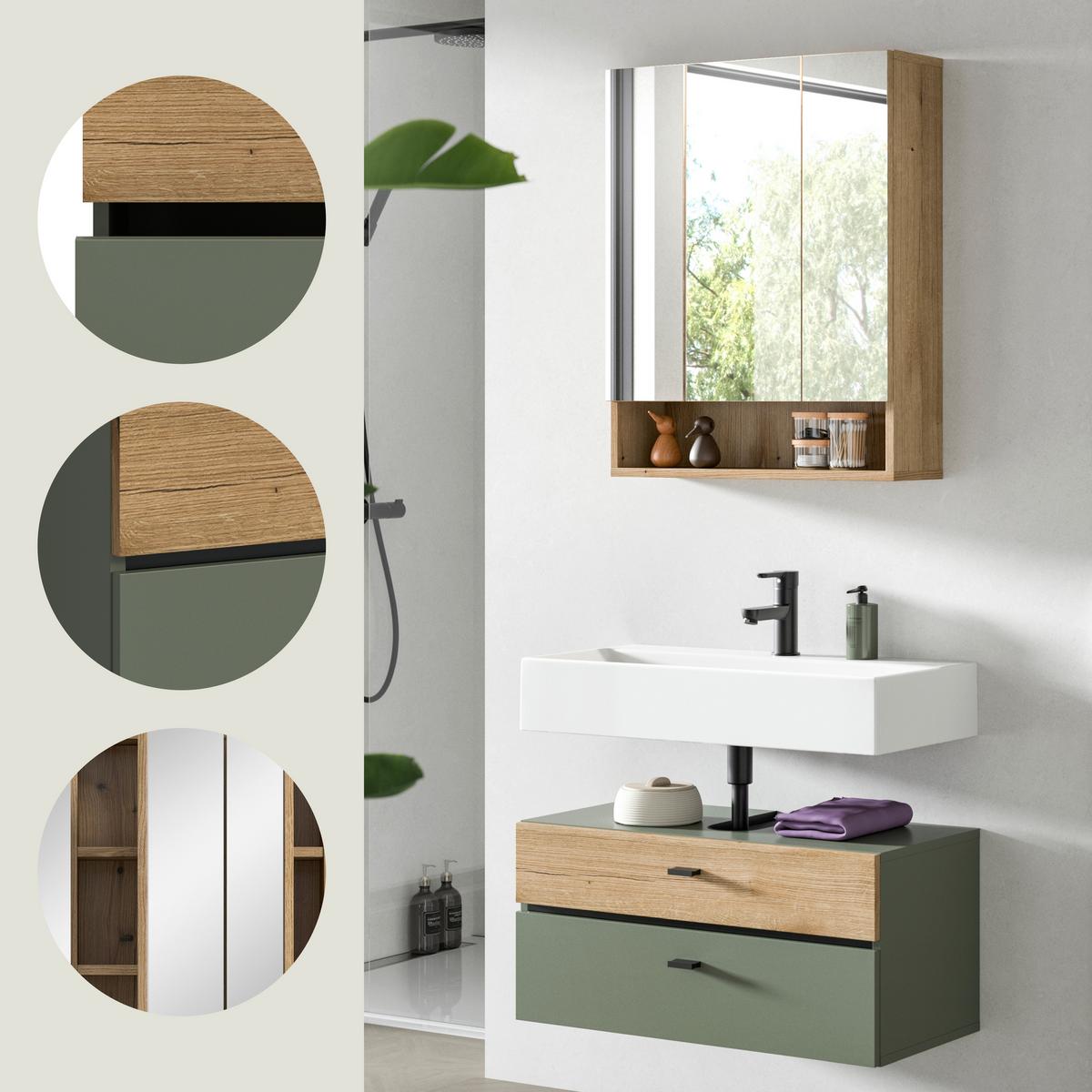 Badezimmer Aqua Grün/Eichefarben B: 75cm - Eichefarben/Grün, Trend, Glas/Holzwerkstoff (75cm) - MID.YOU