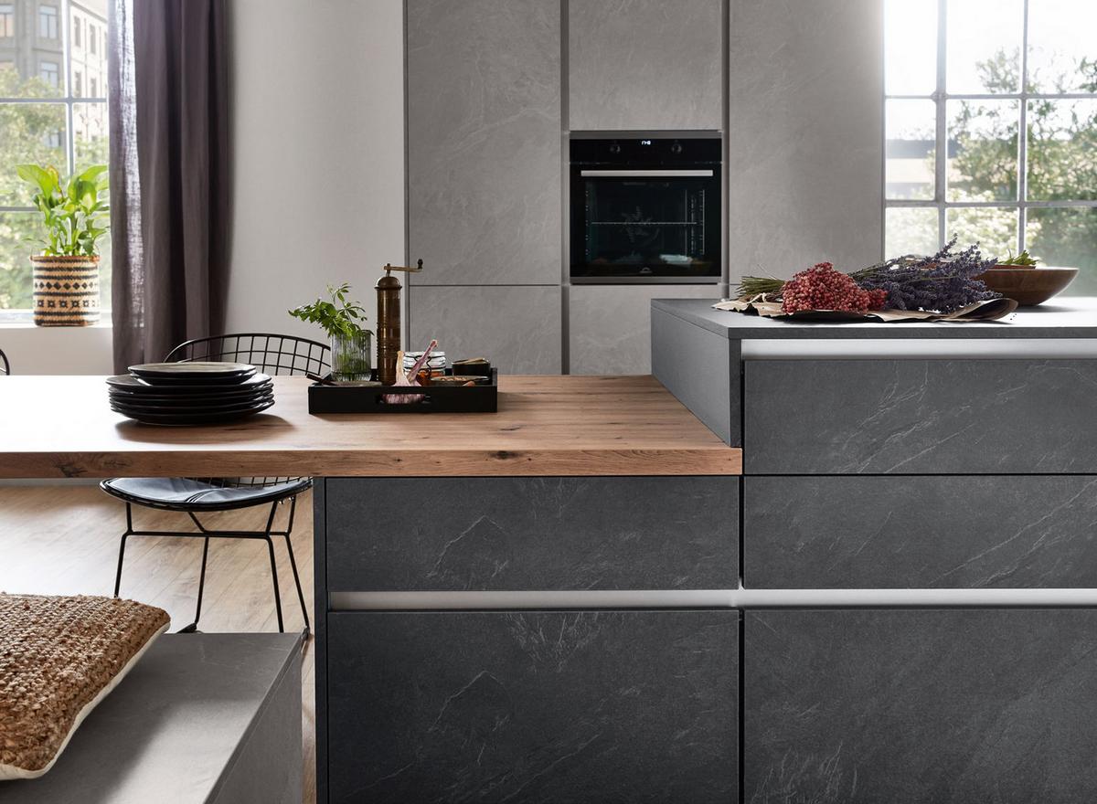 Einbauküche Ston Frei Planbar Modern, Grifflos - Eichefarben/Anthrazit, MODERN, Holzwerkstoff - Vertico